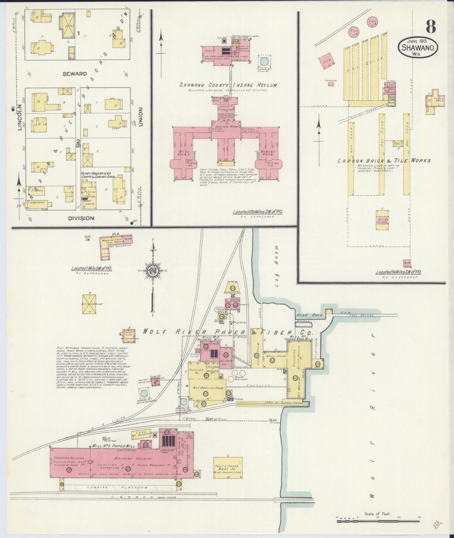 Sanborn Fire Insurance Map from Shawano, Shawano County, Wisconsin (1913), Sheet #0008 - Historic Sanborn Fire Insurance Map Print, vintage old map wall art, antique decor, genealogy gift, Wisconsin Wisconsin map