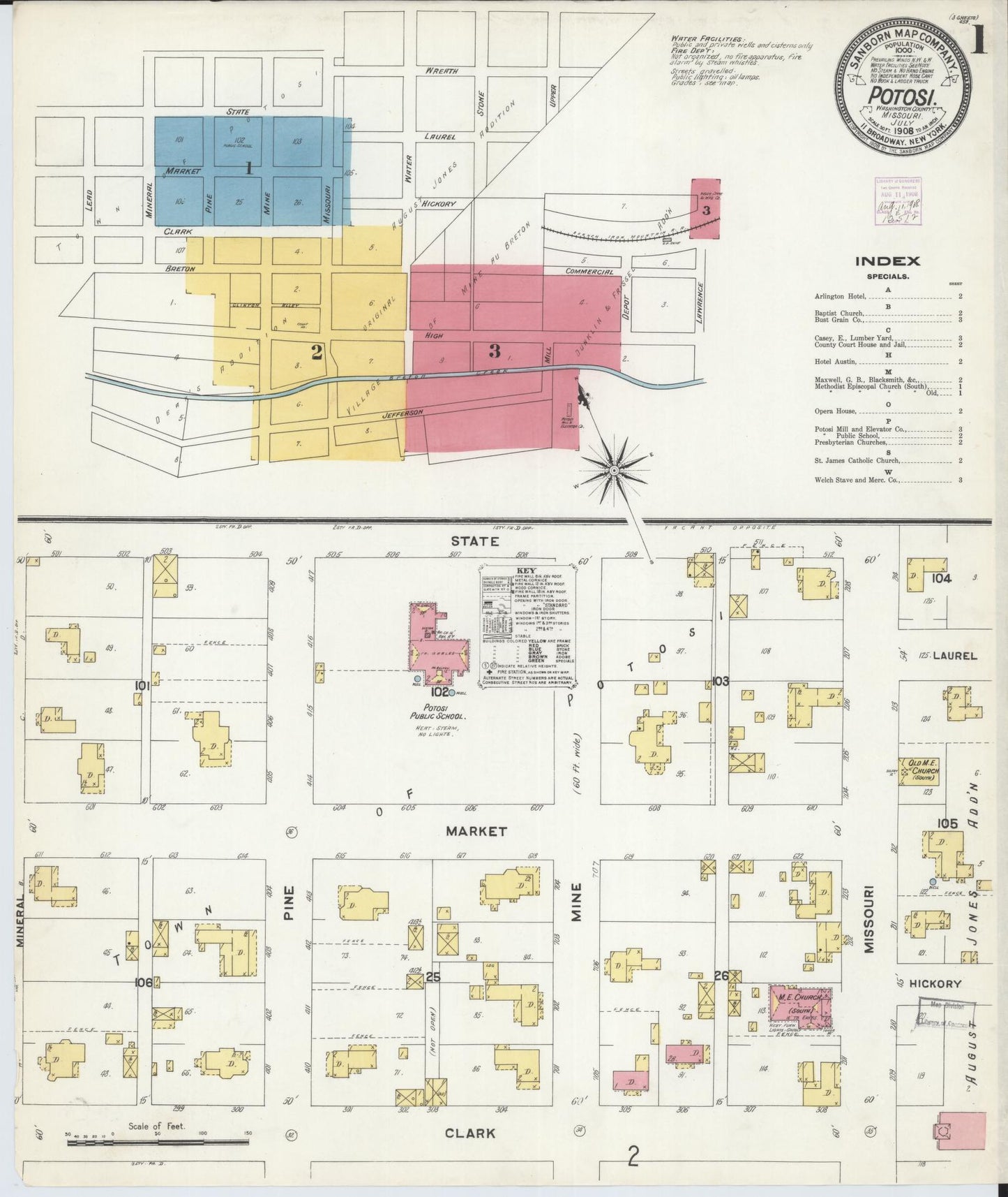 Sanborn Fire Insurance Map from Potosi, Washington County, Missouri (1908), Sheet #0001 - Historic Sanborn Fire Insurance Map Print, vintage old map wall art, antique decor, genealogy gift, Missouri Missouri map