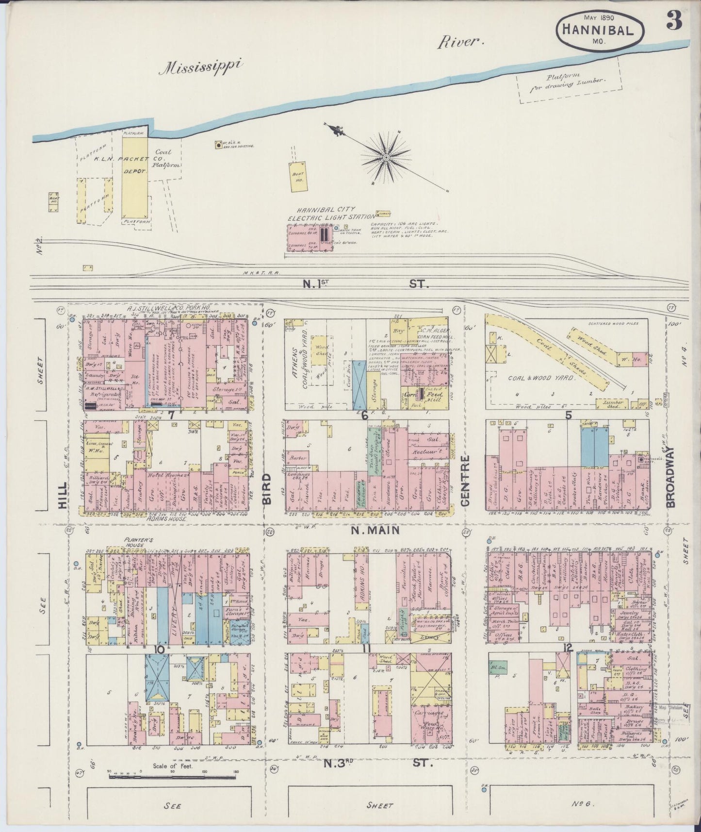Sanborn Fire Insurance Map from Hannibal, Marion County, Missouri (1890), Sheet #0003 - Historic Sanborn Fire Insurance Map Print, vintage old map wall art, antique decor, genealogy gift, Missouri Missouri map