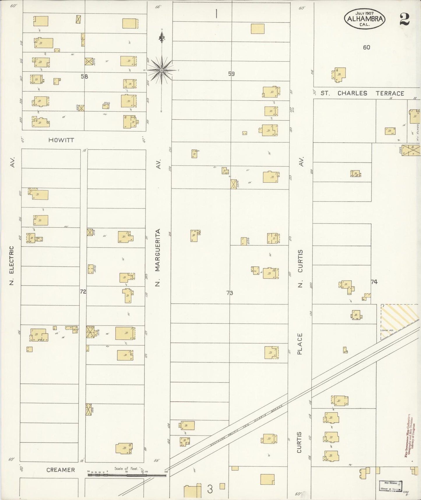 Sanborn Fire Insurance Map from Alhambra, Los Angeles County, California (1907), Sheet #0002 - Historic Sanborn Fire Insurance Map Print, vintage old map wall art, antique decor, genealogy gift, California California map