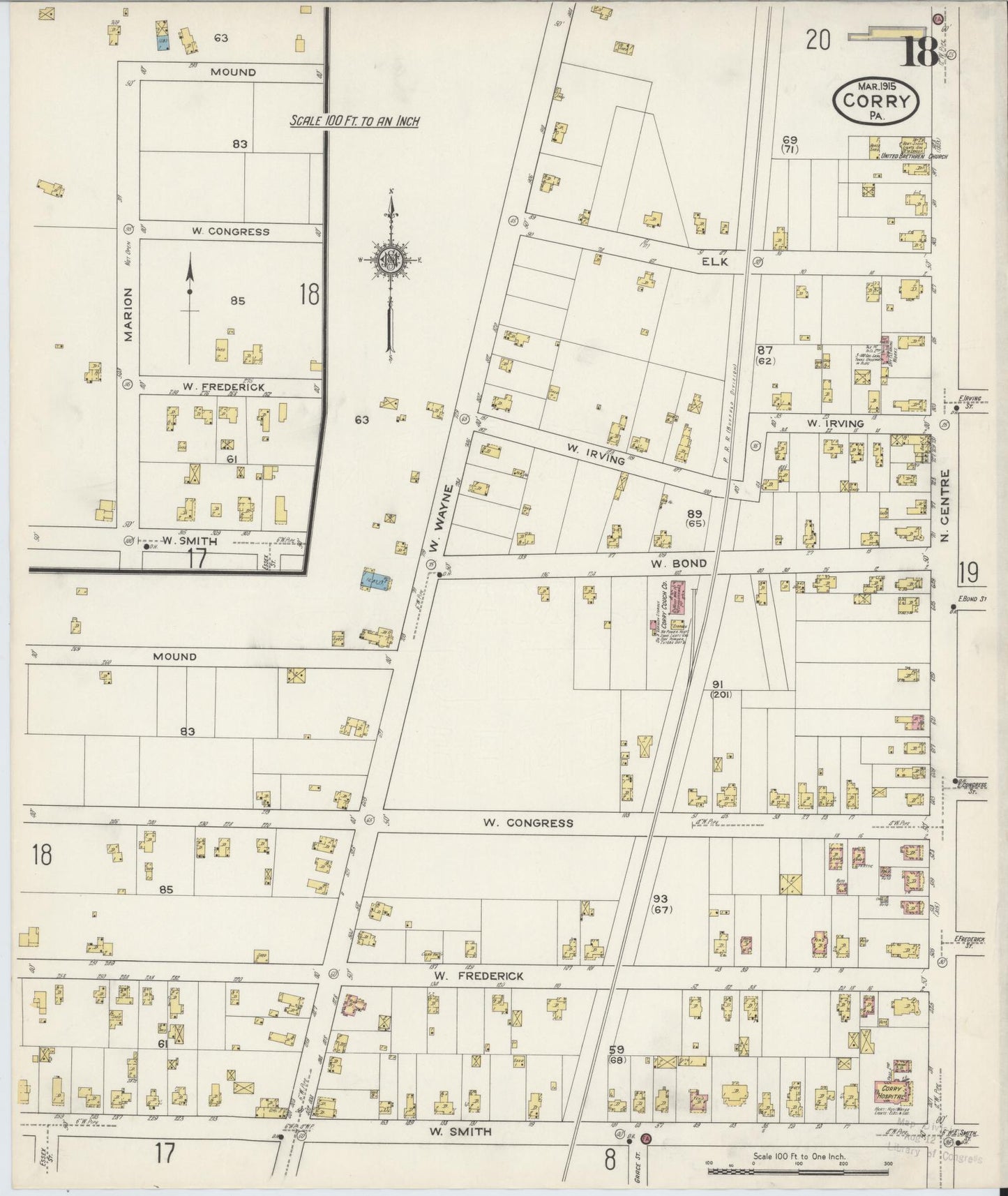 Sanborn Fire Insurance Map from Corry, Erie County, Pennsylvania (1915), Sheet #0018 - Historic Sanborn Fire Insurance Map Print, vintage old map wall art, antique decor, genealogy gift, Pennsylvania Pennsylvania map