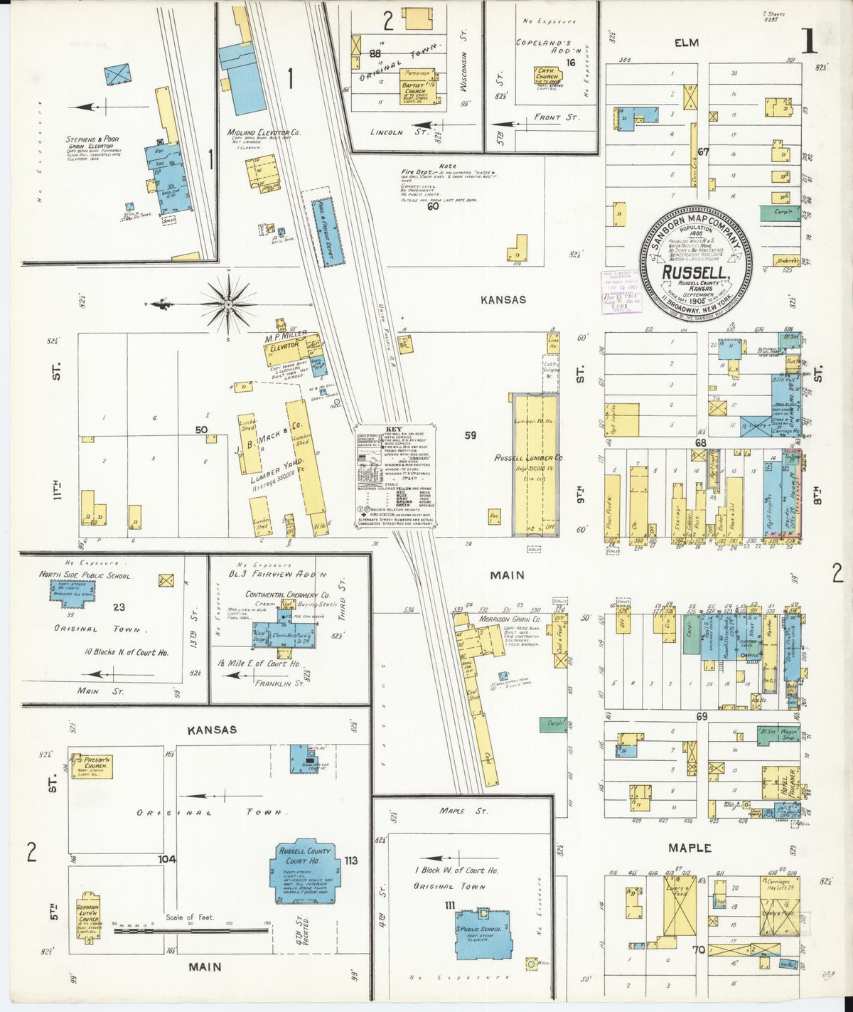 Sanborn Fire Insurance Map from Russell, Russell County, Kansas (1905), Sheet #0001 - Historic Sanborn Fire Insurance Map Print, vintage old map wall art, antique decor, genealogy gift, Kansas Kansas map