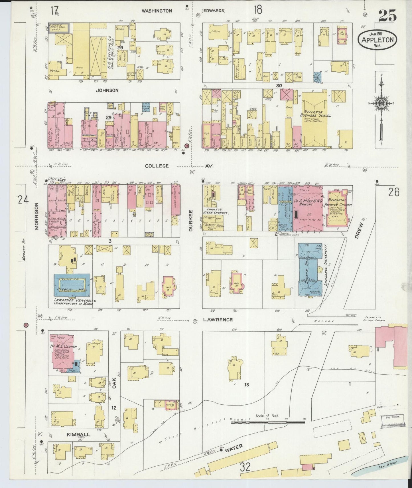 Sanborn Fire Insurance Map from Appleton, Outagamie County, Wisconsin (1911), Sheet #0025 - Historic Sanborn Fire Insurance Map Print, vintage old map wall art, antique decor, genealogy gift, Wisconsin Wisconsin map