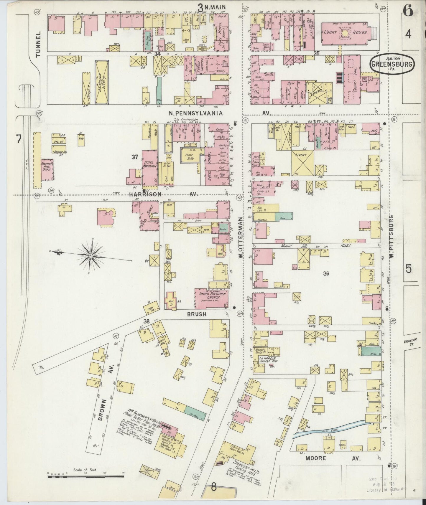 Sanborn Fire Insurance Map from Greensburg, Westmoreland County, Pennsylvania (1897), Sheet #0006 - Historic Sanborn Fire Insurance Map Print, vintage old map wall art, antique decor, genealogy gift, Pennsylvania Pennsylvania map