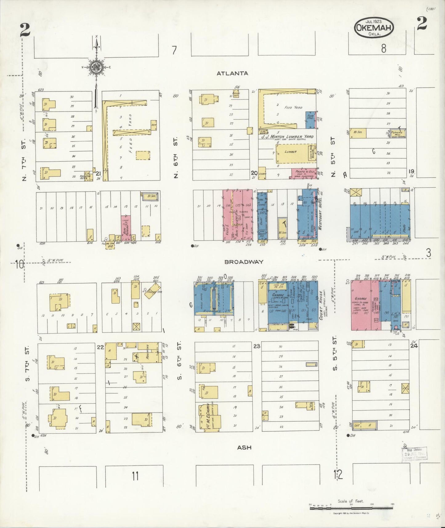 Sanborn Fire Insurance Map from Okemah, Okfuskee County, Oklahoma (1923), Sheet #0002 - Historic Sanborn Fire Insurance Map Print, vintage old map wall art, antique decor, genealogy gift, Oklahoma Oklahoma map