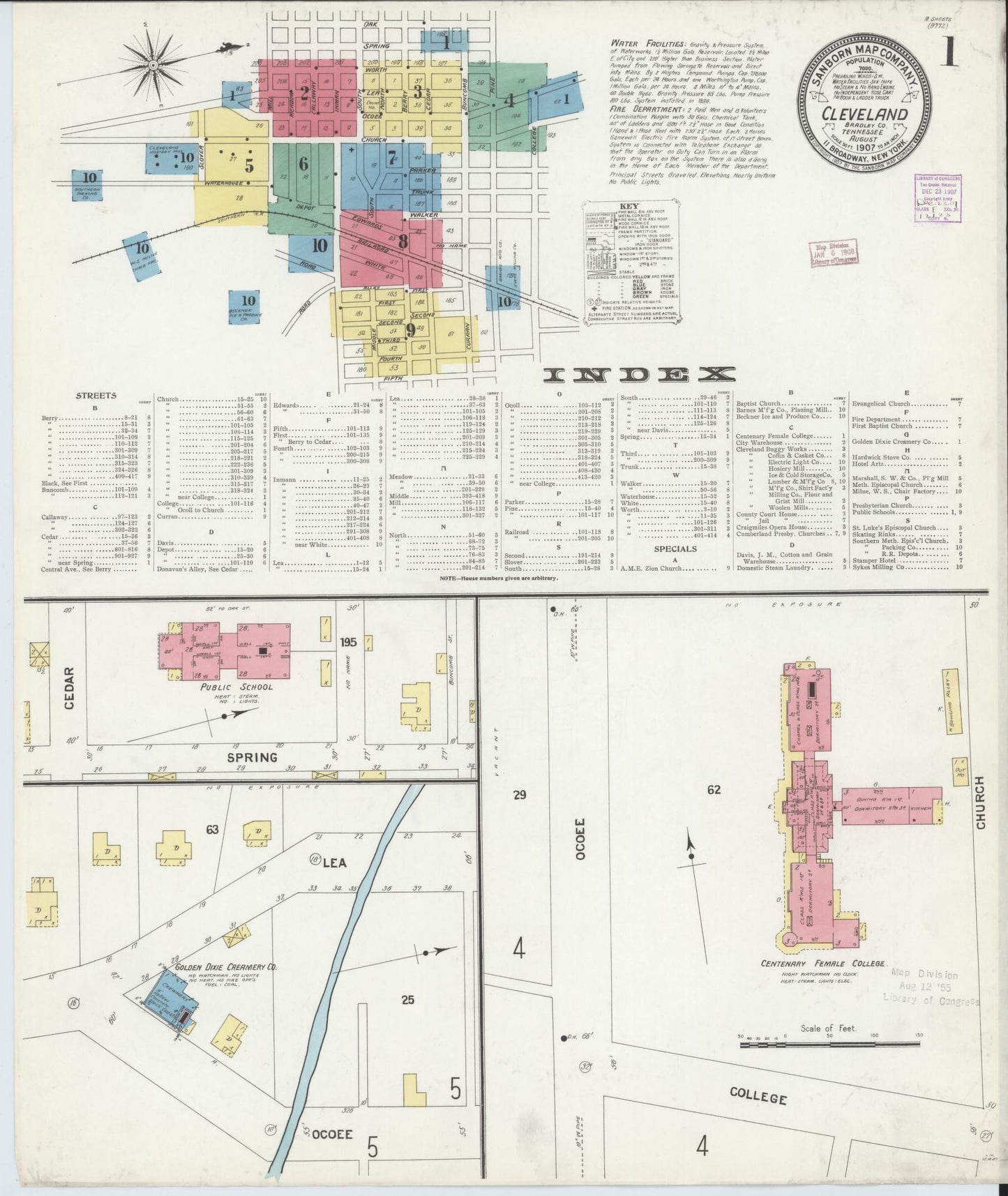 Sanborn Fire Insurance Map from Cleveland, Bradley County, Tennessee (1907), Sheet #0001 - Historic Sanborn Fire Insurance Map Print, vintage old map wall art, antique decor, genealogy gift, Tennessee Tennessee map