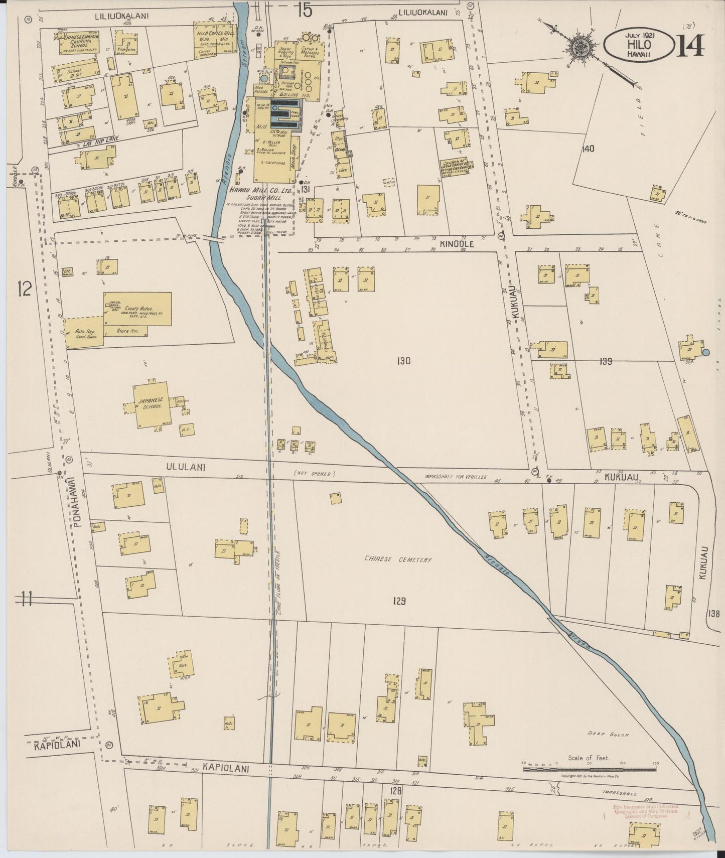 Sanborn Fire Insurance Map from Hilo, Hawaii County, Hawaii (1921), Sheet #0014 - Historic Sanborn Fire Insurance Map Print, vintage old map wall art