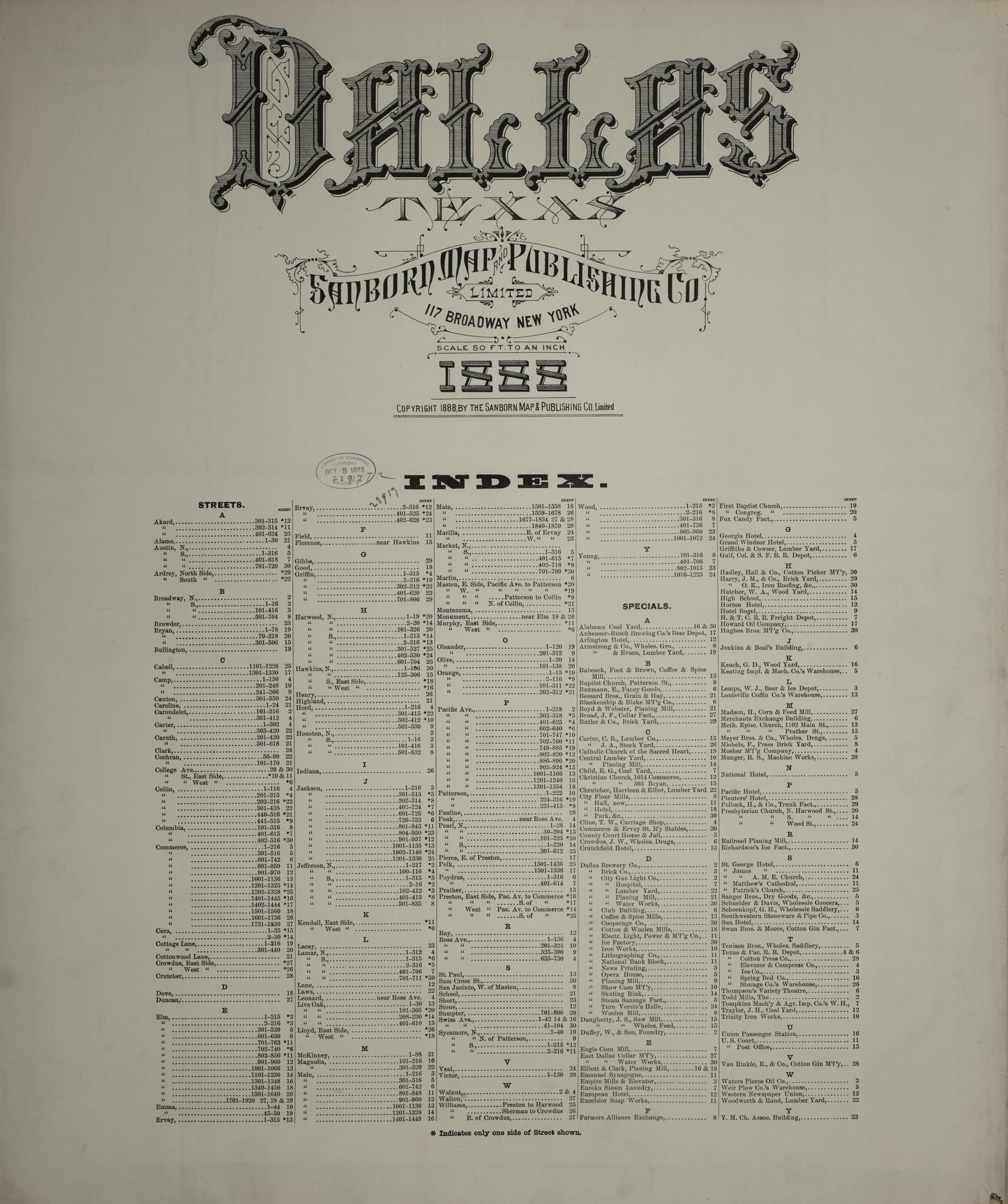 Sanborn Fire Insurance Map from Dallas, Dallas County, Texas. (1888) – Historic Sanborn Fire Insurance Map Print