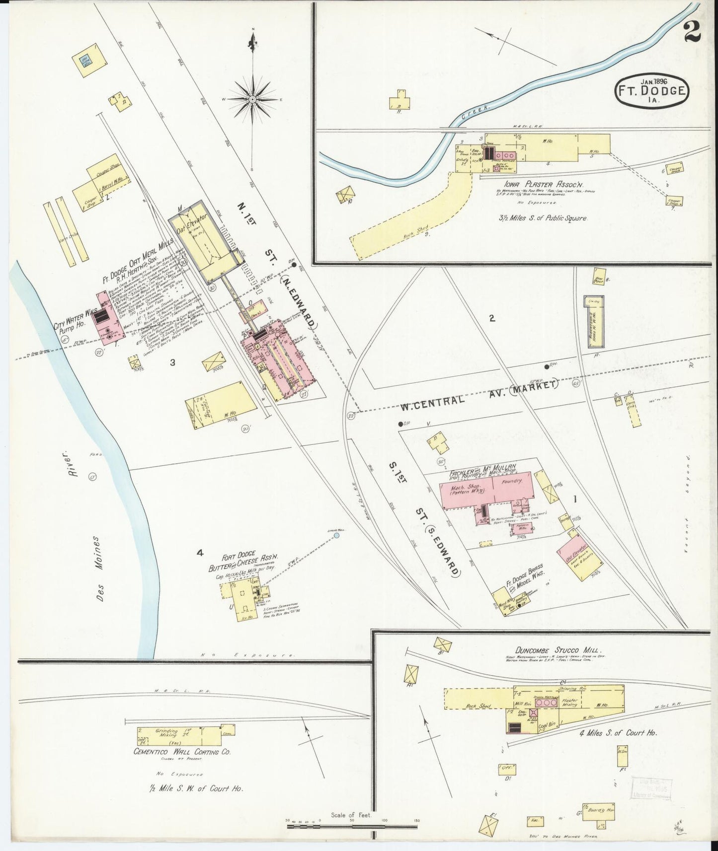 Sanborn Fire Insurance Map from Fort Dodge, Webster County, Iowa (1896), Sheet #0002 - Historic Sanborn Fire Insurance Map Print, vintage old map wall art