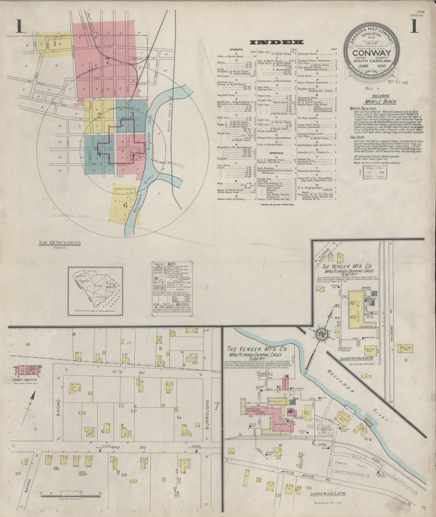 Sanborn Fire Insurance Map from Conway, Horry County, South Carolina (1930), Sheet #0001 - Historic Sanborn Fire Insurance Map Print, vintage old map wall art, antique decor, genealogy gift, South Carolina South Carolina map