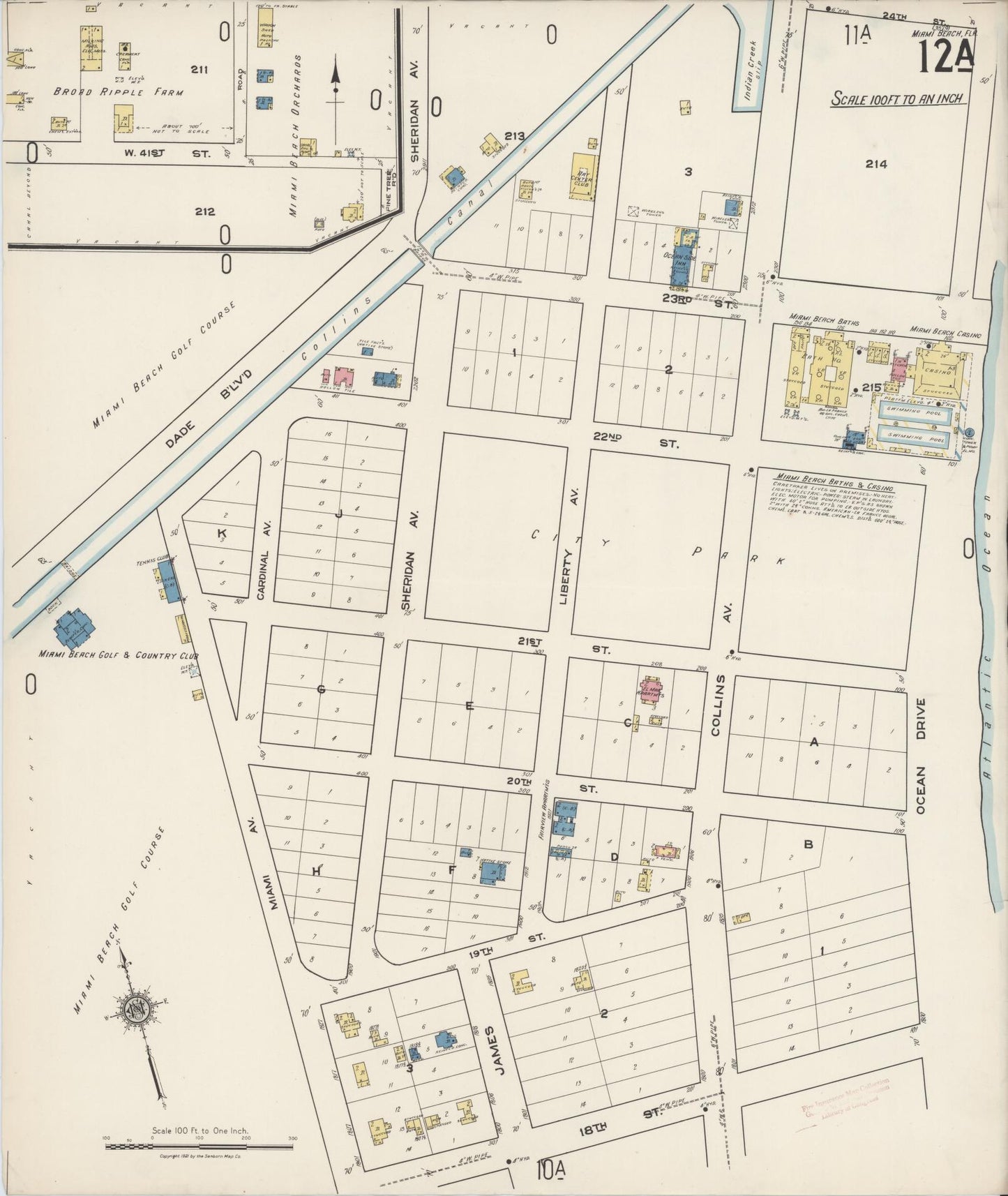 Sanborn Fire Insurance Map from Miami Beach, Dade County, Florida (1921), Sheet #0012 - Historic Sanborn Fire Insurance Map Print, vintage old map wall art, antique decor, genealogy gift, Florida Florida map