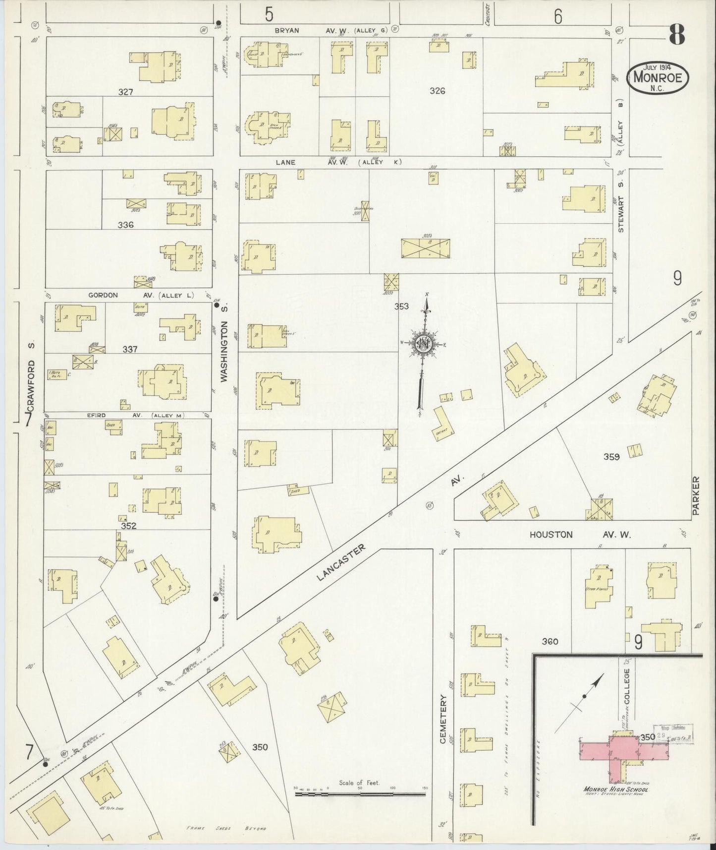 Sanborn Fire Insurance Map from Monroe, Union County, North Carolina (1914), Sheet #0008 - Historic Sanborn Fire Insurance Map Print, vintage old map wall art, antique decor, genealogy gift, North Carolina North Carolina map