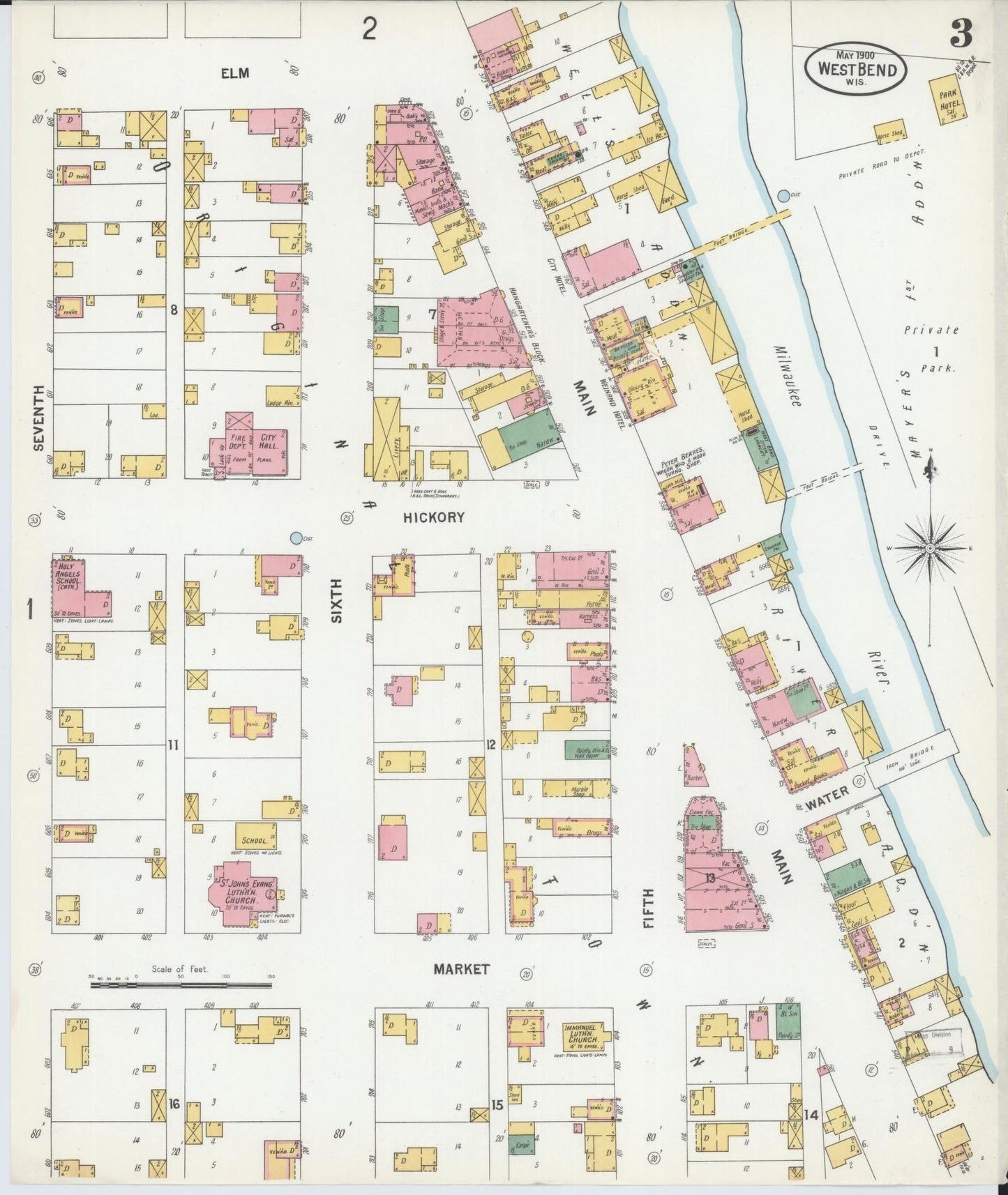 Sanborn Fire Insurance Map from West Bend, Washington County, Wisconsin (1900), Sheet #0003 - Historic Sanborn Fire Insurance Map Print, vintage old map wall art, antique decor, genealogy gift, Wisconsin Wisconsin map