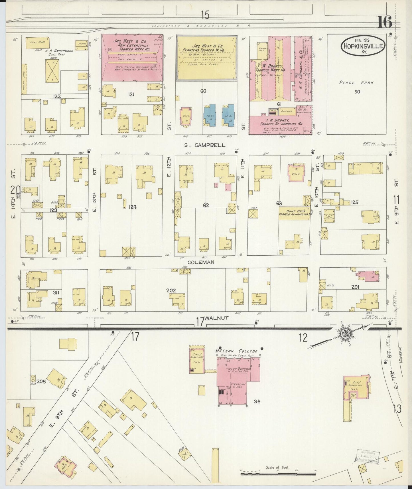 Sanborn Fire Insurance Map from Hopkinsville, Christian County, Kentucky (1913), Sheet #0016 - Historic Sanborn Fire Insurance Map Print, vintage old map wall art, antique decor, genealogy gift, Kentucky Kentucky map