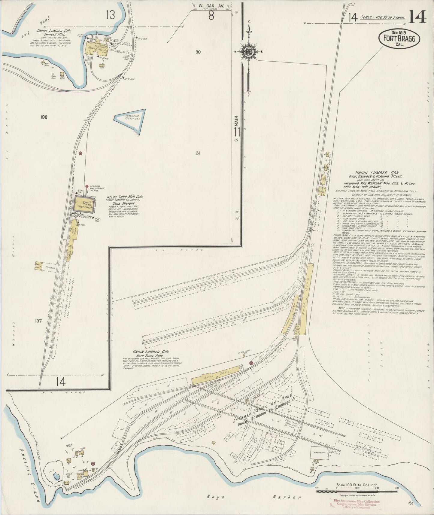 Sanborn Fire Insurance Map from Fort Bragg, Mendocino County, California (1919), Sheet #0014 - Historic Sanborn Fire Insurance Map Print, vintage old map wall art, antique decor, genealogy gift, California California map