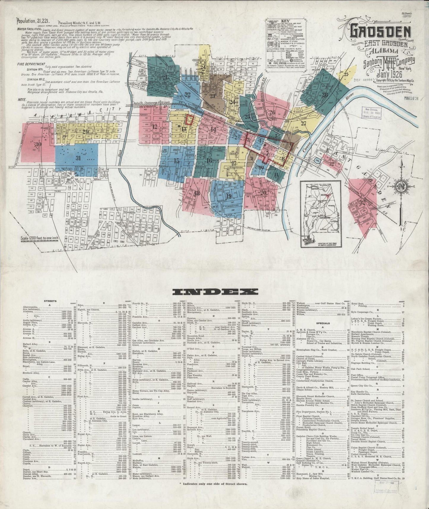 Sanborn Fire Insurance Map from Gadsden, Etowah County, Alabama (1926), Sheet #0001 - Historic Sanborn Fire Insurance Map Print, vintage old map wall art, antique decor, genealogy gift, Alabama Alabama map