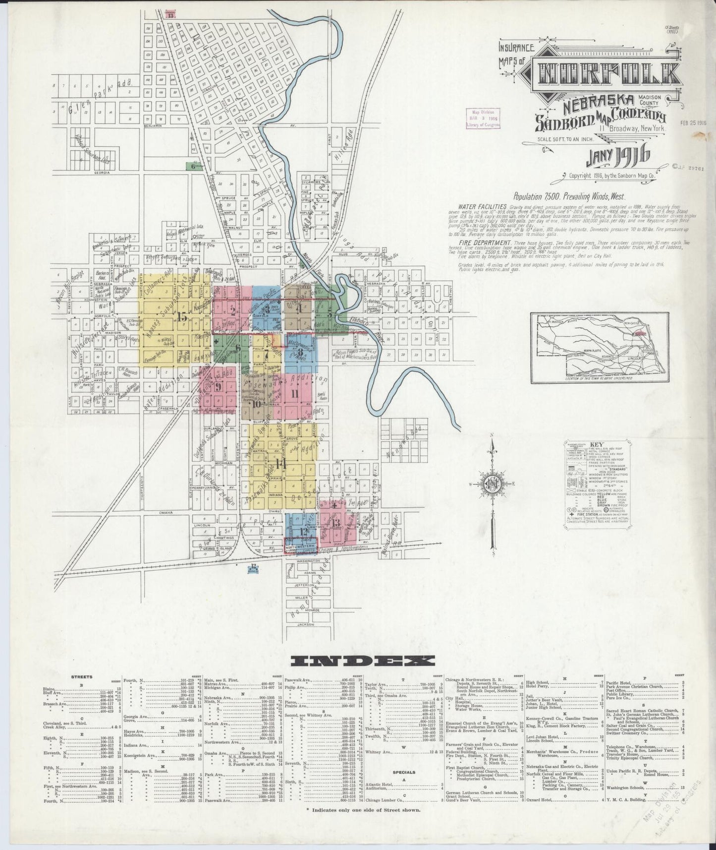 Sanborn Fire Insurance Map from Norfolk, Madison County, Nebraska (1916), Sheet #0001 - Historic Sanborn Fire Insurance Map Print, vintage old map wall art, antique decor, genealogy gift, Nebraska Nebraska map