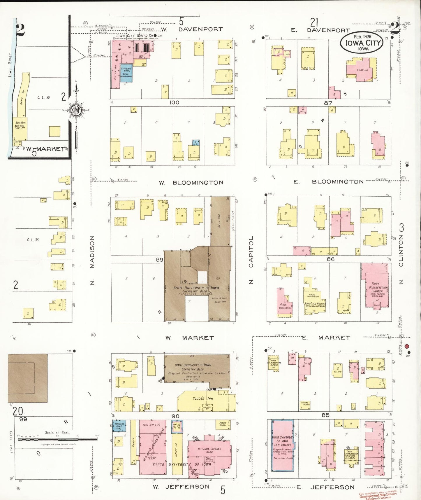 Sanborn Fire Insurance Map from Iowa City, Johnson County, Iowa (1926), Sheet #0002 - Historic Sanborn Fire Insurance Map Print, vintage old map wall art