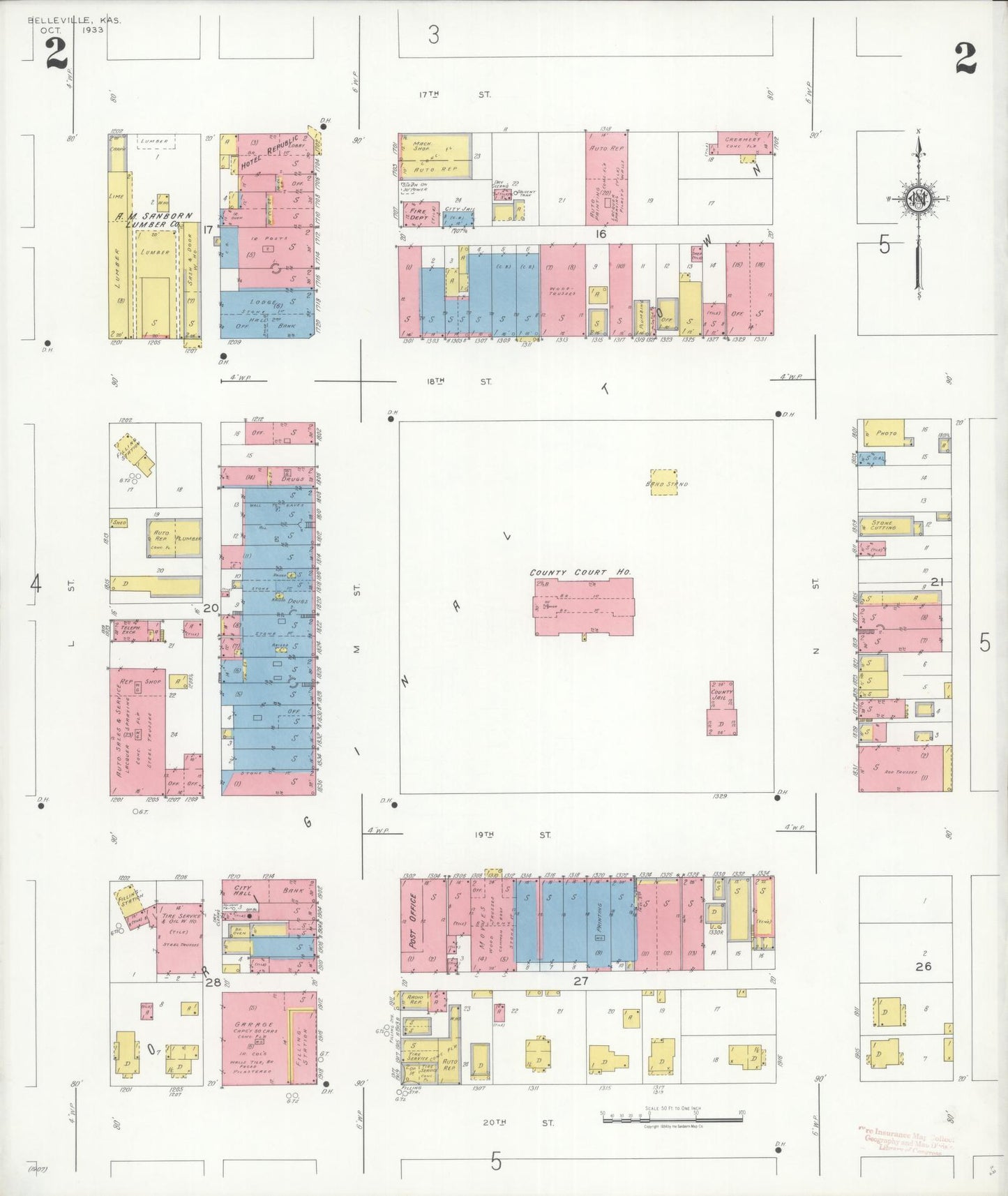 Sanborn Fire Insurance Map from Belleville, Republic County, Kansas (1933), Sheet #0002 - Historic Sanborn Fire Insurance Map Print, vintage old map wall art, antique decor, genealogy gift, Kansas Kansas map
