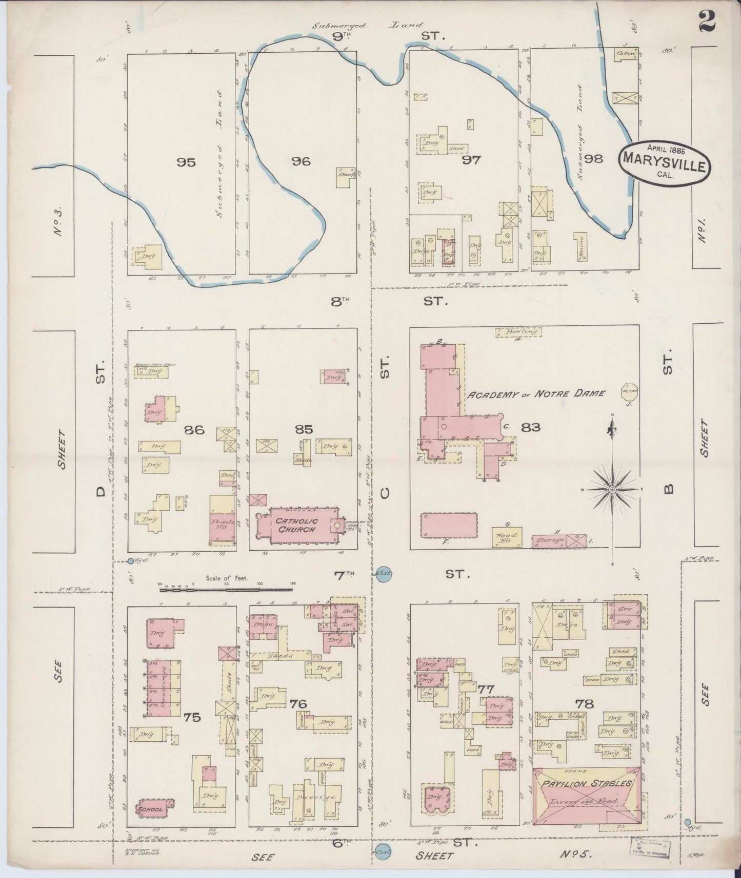 Sanborn Fire Insurance Map from Marysville, Yuba County, California (1885), Sheet #0002 - Historic Sanborn Fire Insurance Map Print, vintage old map wall art, antique decor, genealogy gift, California California map