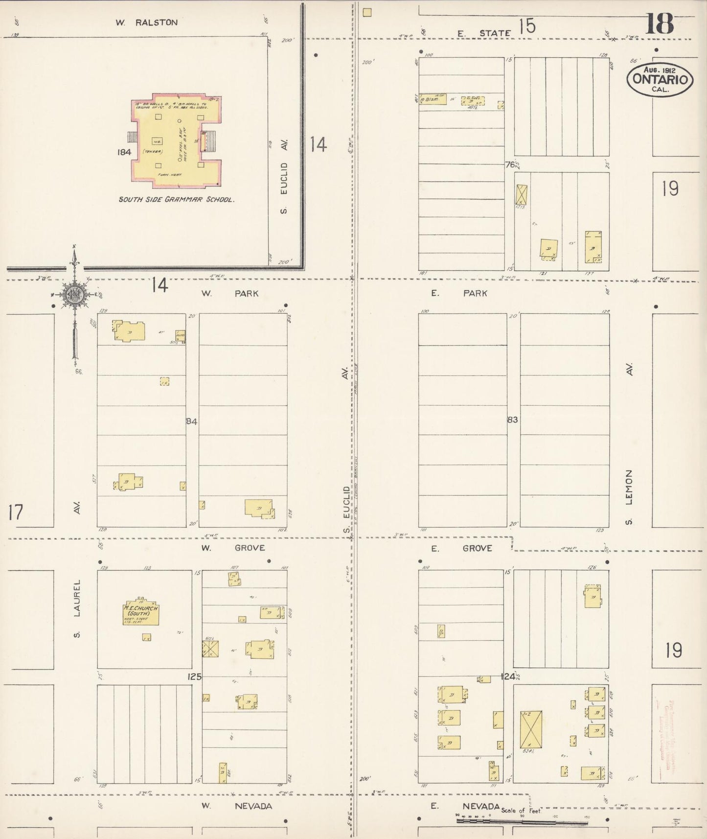 Sanborn Fire Insurance Map from Ontario, San Bernardino County, California (1912), Sheet #0018 - Historic Sanborn Fire Insurance Map Print, vintage old map wall art, antique decor, genealogy gift, California California map