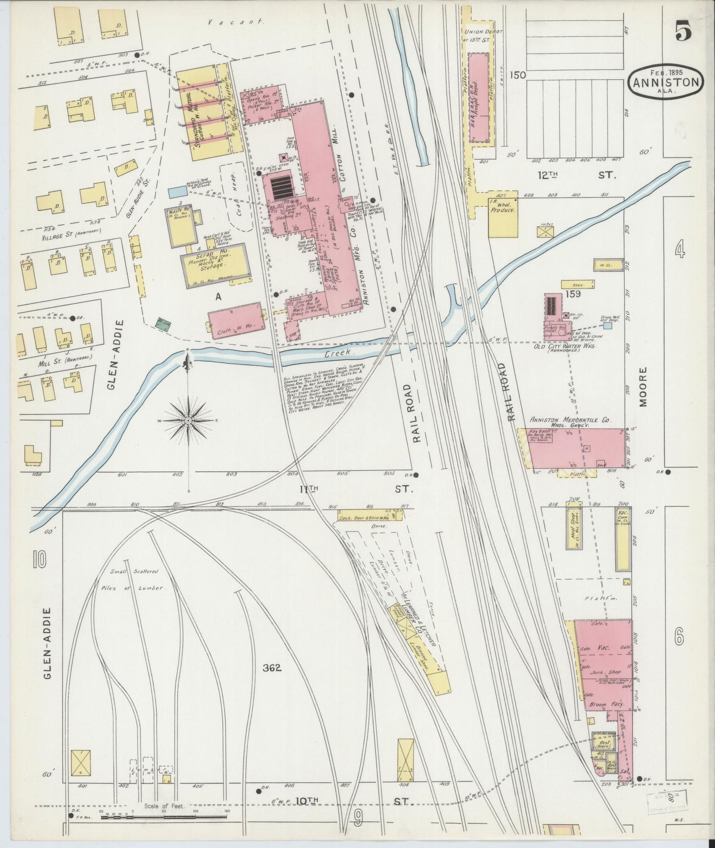 Sanborn Fire Insurance Map from Anniston, Calhoun County, Alabama (1895), Sheet #0005 - Historic Sanborn Fire Insurance Map Print, vintage old map wall art, antique decor, genealogy gift, Alabama Alabama map
