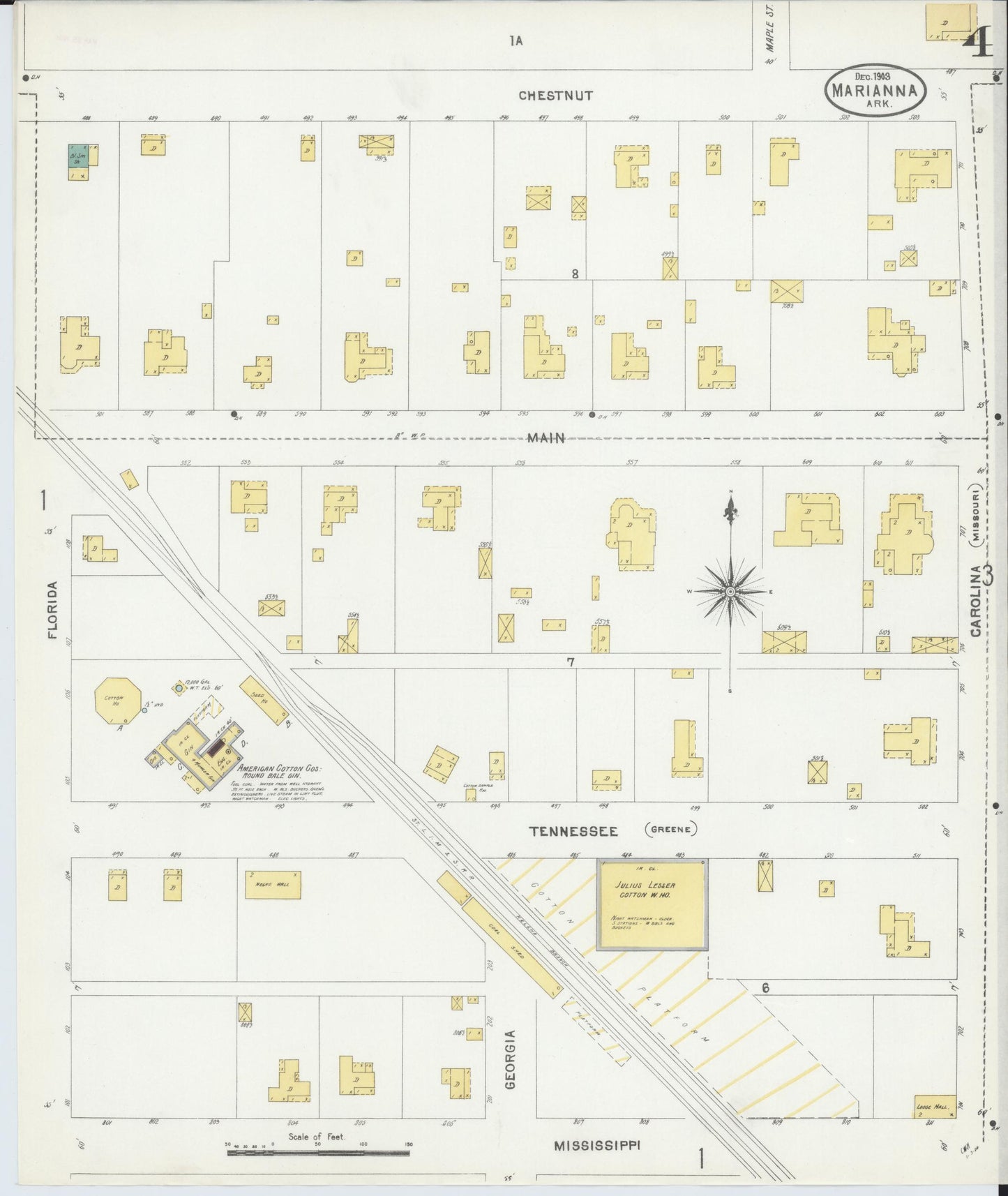 Sanborn Fire Insurance Map from Marianna, Lee County, Arkansas (1903), Sheet #0004 - Historic Sanborn Fire Insurance Map Print, vintage old map wall art, antique decor, genealogy gift, Arkansas Arkansas map