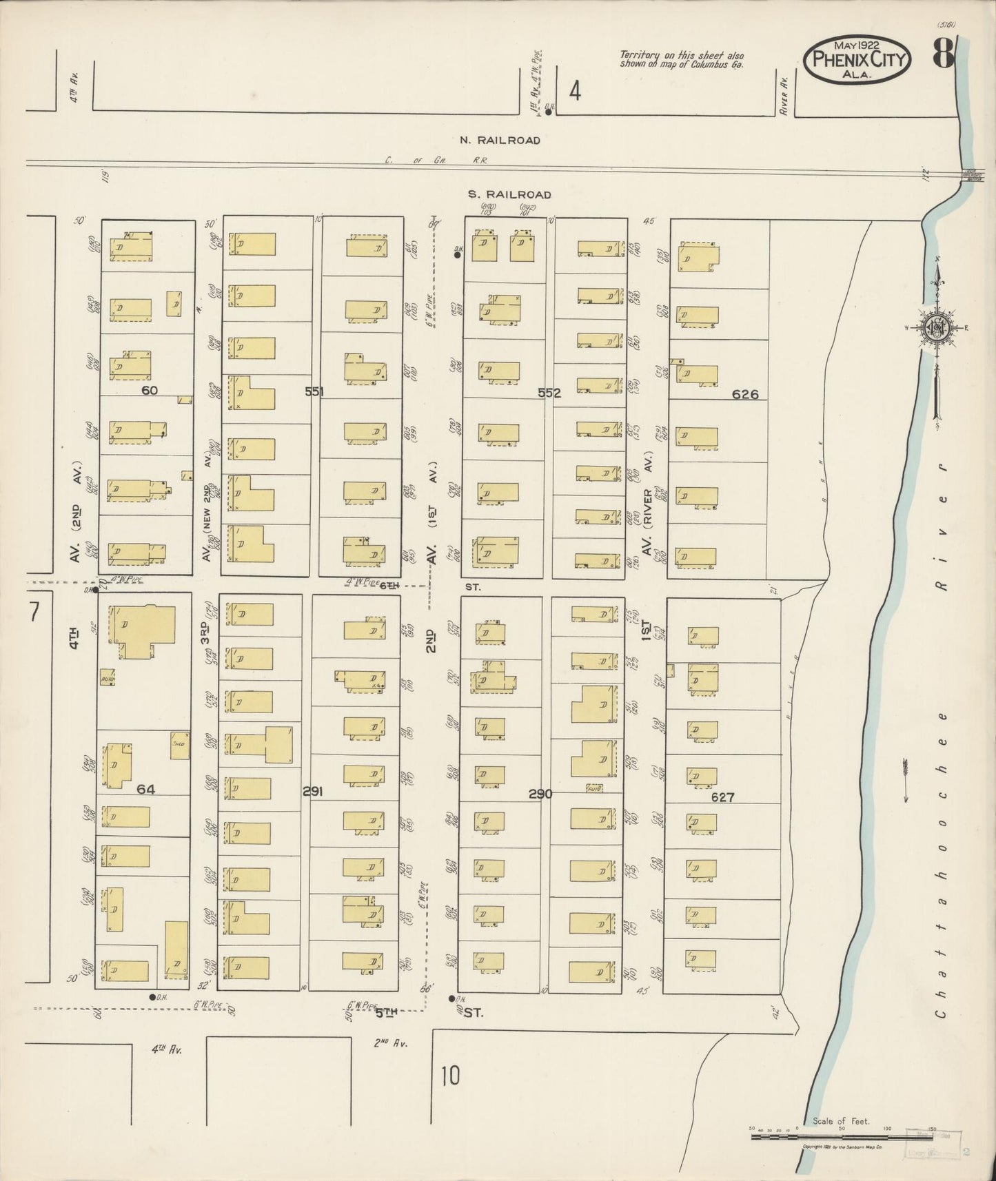 Sanborn Fire Insurance Map from Phenix City, Lee And Russell Counties, Alabama (1922), Sheet #0008 - Historic Sanborn Fire Insurance Map Print, vintage old map wall art, antique decor, genealogy gift, Alabama Alabama map