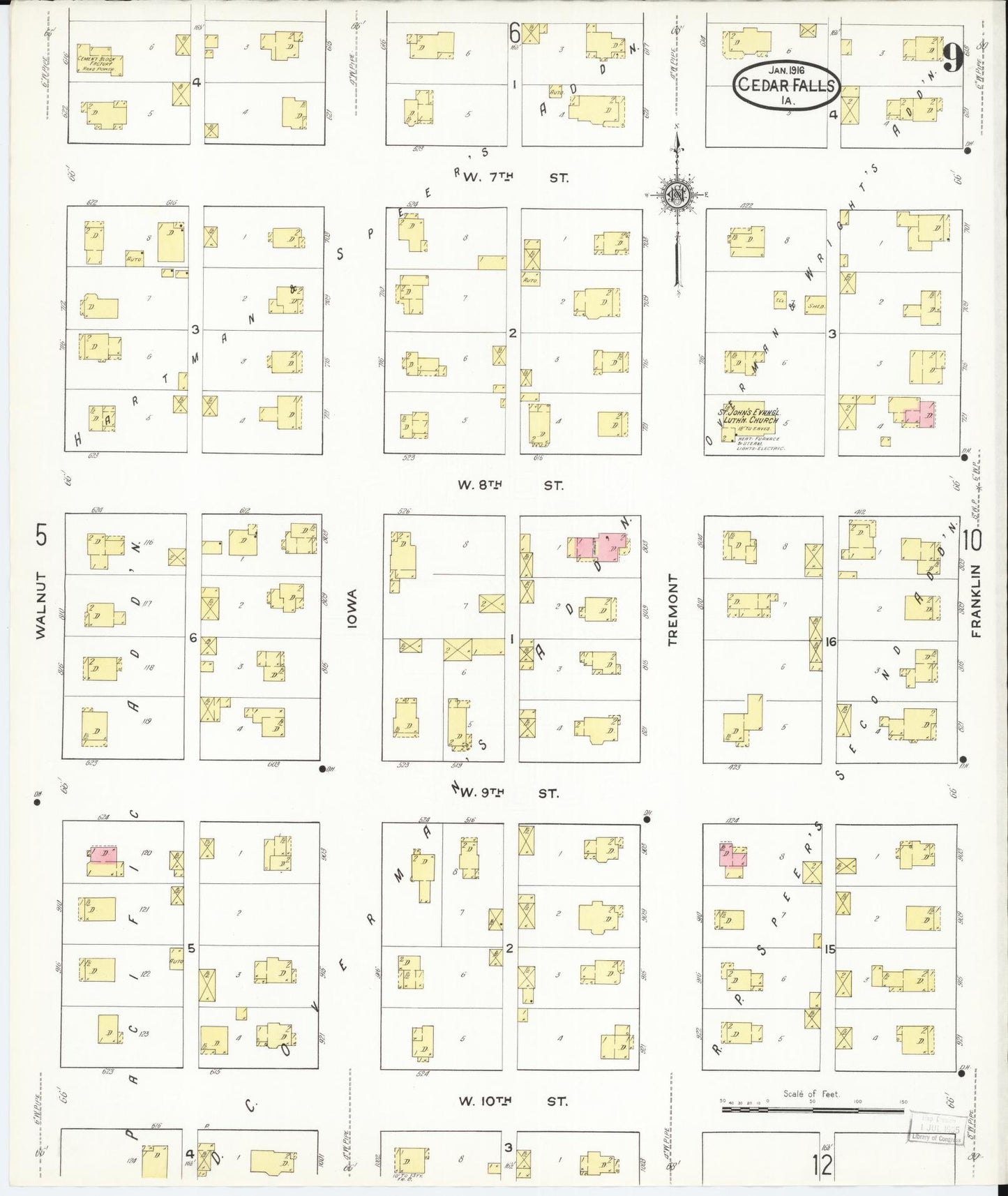 Sanborn Fire Insurance Map from Cedar Falls, Black Hawk County, Iowa (1916), Sheet #0009 - Historic Sanborn Fire Insurance Map Print, vintage old map wall art