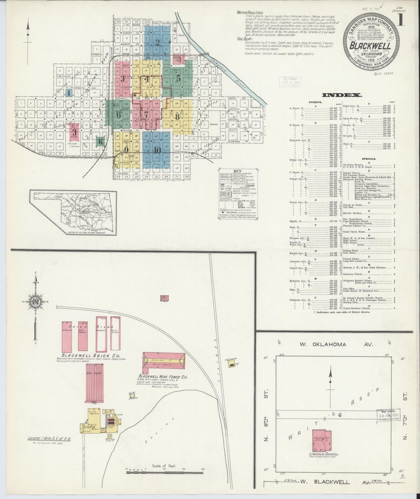Sanborn Fire Insurance Map from Blackwell, Kay County, Oklahoma (1913), Sheet #0001 - Historic Sanborn Fire Insurance Map Print, vintage old map wall art, antique decor, genealogy gift, Oklahoma Oklahoma map