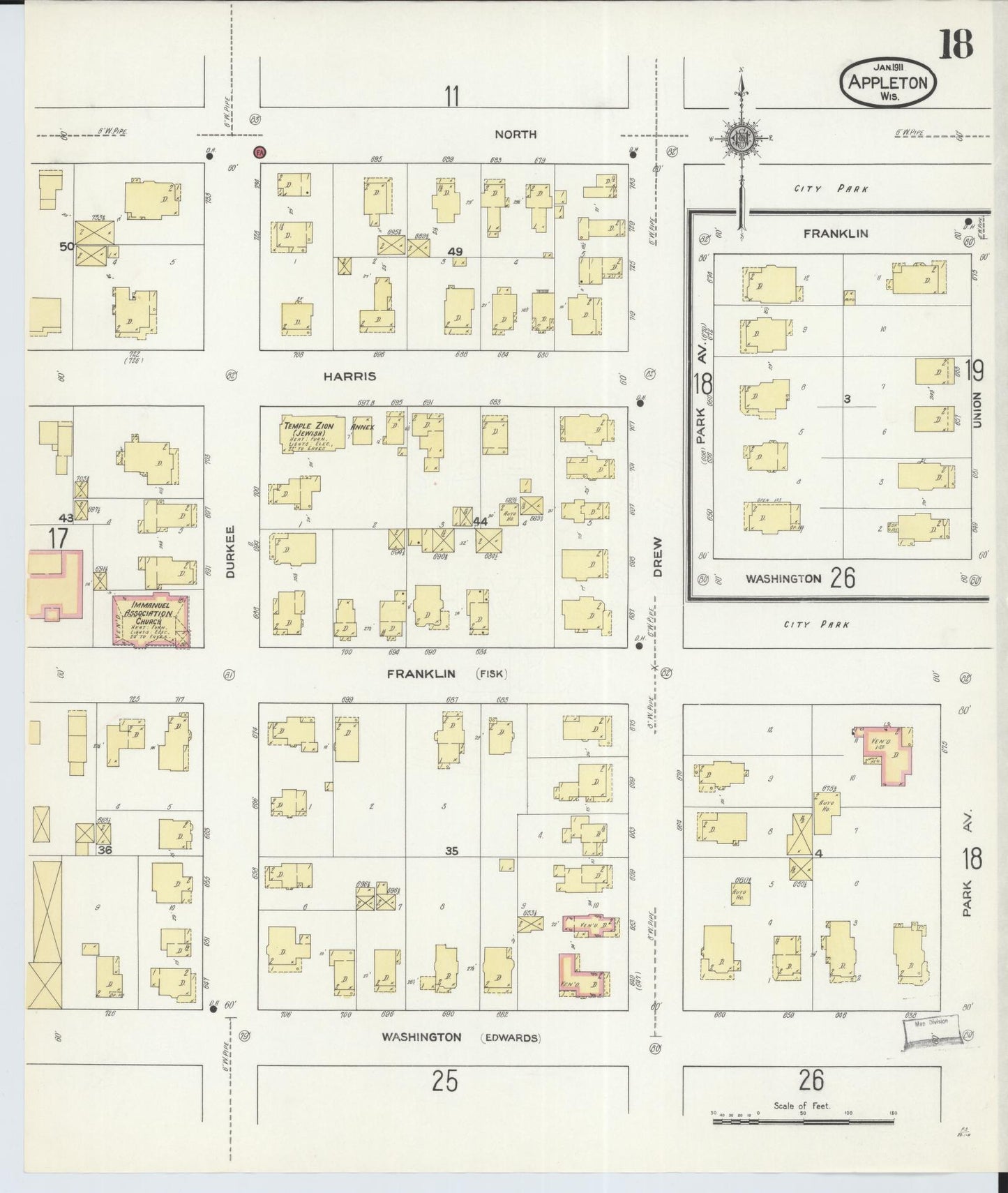 Sanborn Fire Insurance Map from Appleton, Outagamie County, Wisconsin (1911), Sheet #0018 - Historic Sanborn Fire Insurance Map Print, vintage old map wall art, antique decor, genealogy gift, Wisconsin Wisconsin map