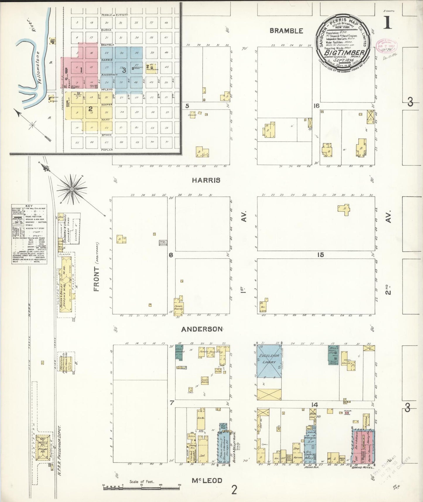 Sanborn Fire Insurance Map from Big Timber, Sweet Grass County, Montana (1896), Sheet #0001 - Historic Sanborn Fire Insurance Map Print, vintage old map wall art, antique decor, genealogy gift, Montana Montana map