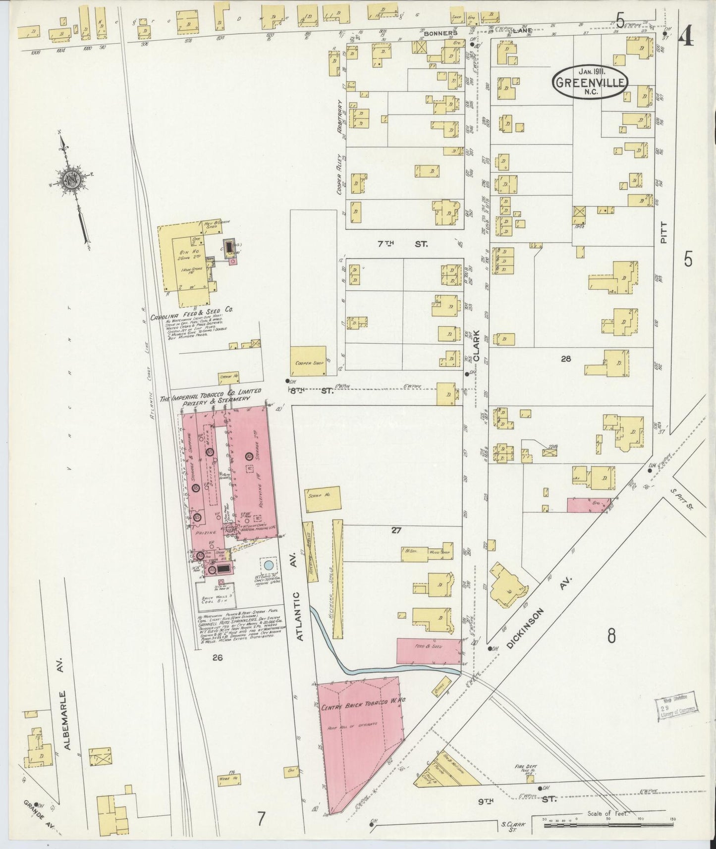 Sanborn Fire Insurance Map from Greenville, Pitt County, North Carolina (1911), Sheet #0004 - Historic Sanborn Fire Insurance Map Print, vintage old map wall art, antique decor, genealogy gift, North Carolina North Carolina map
