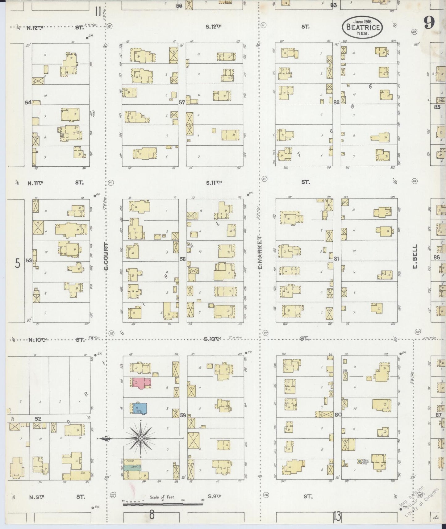 Sanborn Fire Insurance Map from Beatrice, Gage County, Nebraska (1906), Sheet #0009 - Historic Sanborn Fire Insurance Map Print, vintage old map wall art, antique decor, genealogy gift, Nebraska Nebraska map