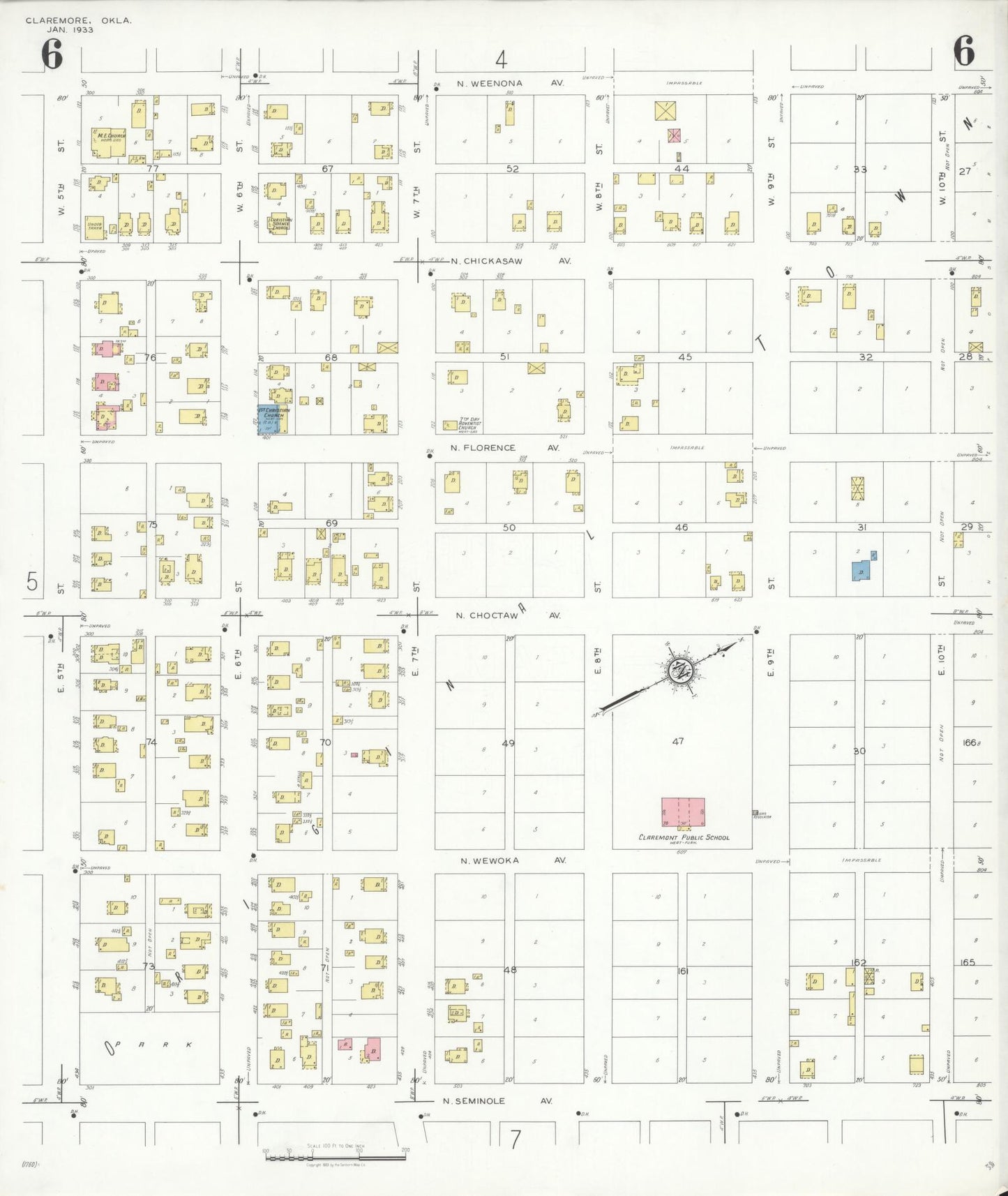 Sanborn Fire Insurance Map from Claremore, Rogers County, Oklahoma (1933), Sheet #0006 - Historic Sanborn Fire Insurance Map Print, vintage old map wall art, antique decor, genealogy gift, Oklahoma Oklahoma map