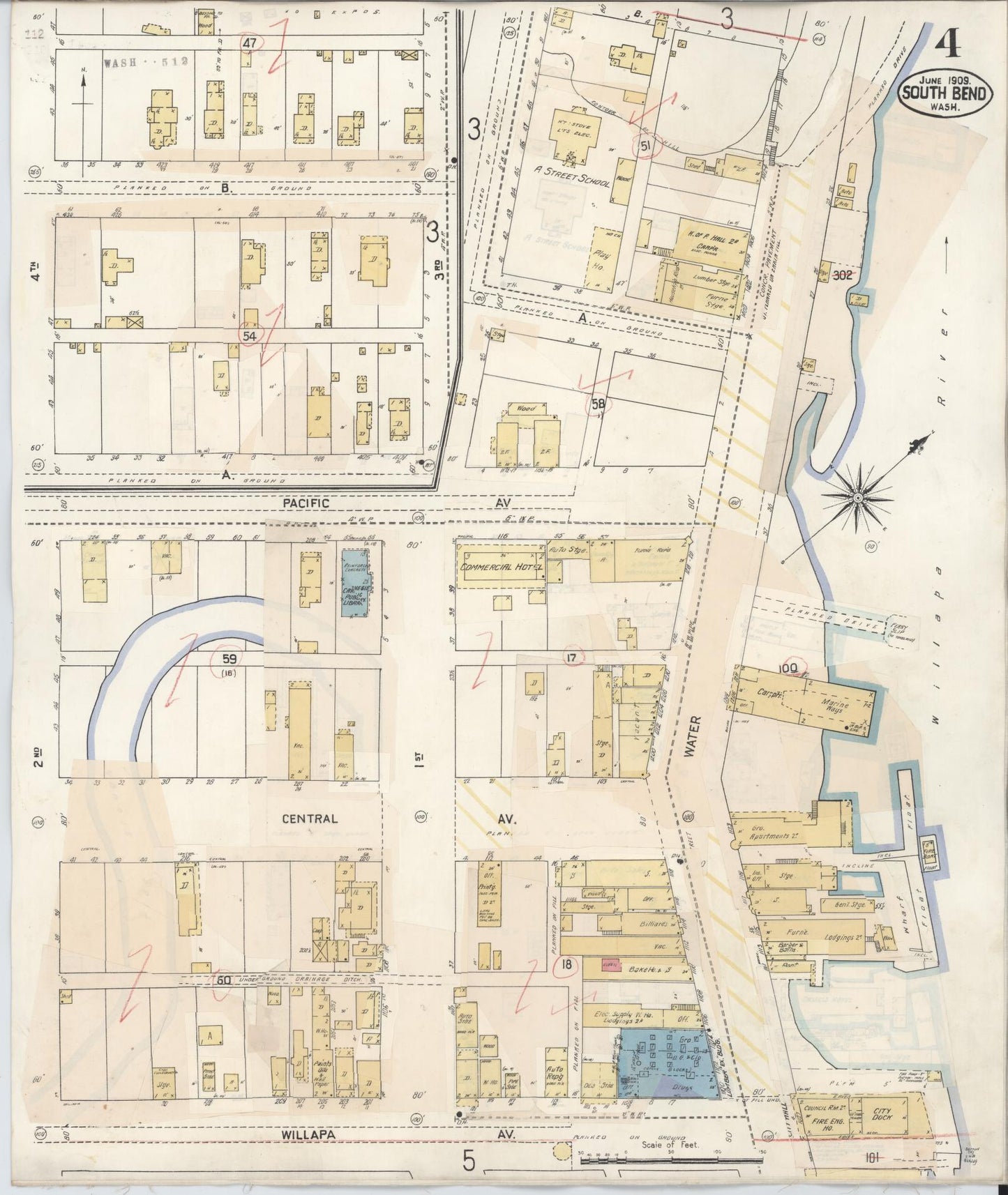 Sanborn Fire Insurance Map from South Bend, Pacific County, Washington (1929), Sheet #0004 - Historic Sanborn Fire Insurance Map Print, vintage old map wall art, antique decor, genealogy gift, Washington Washington map