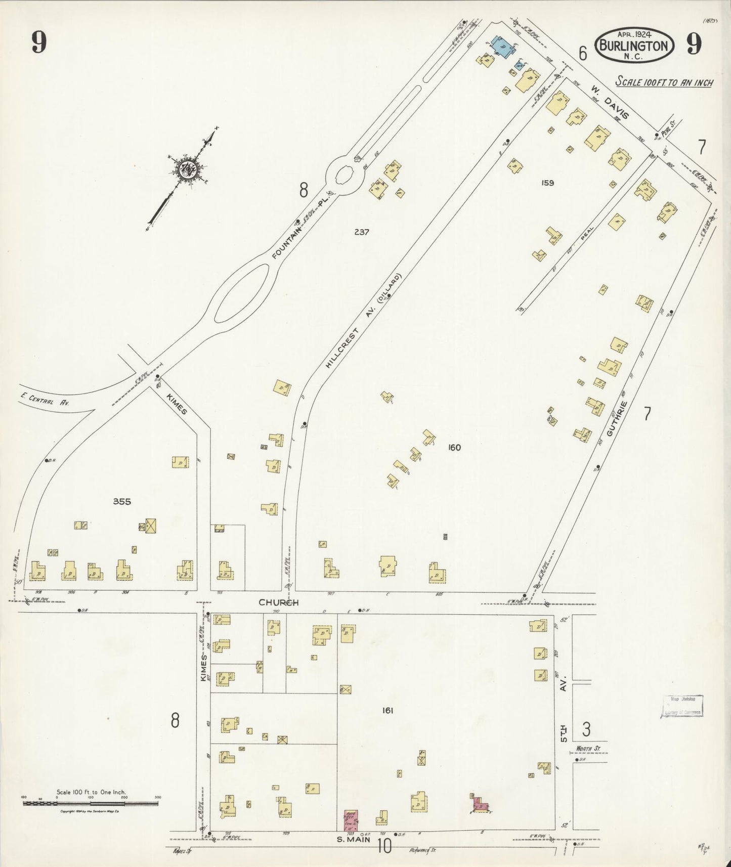 Sanborn Fire Insurance Map from Burlington, Alamance County, North Carolina (1924), Sheet #0009 - Historic Sanborn Fire Insurance Map Print, vintage old map wall art, antique decor, genealogy gift, North Carolina North Carolina map
