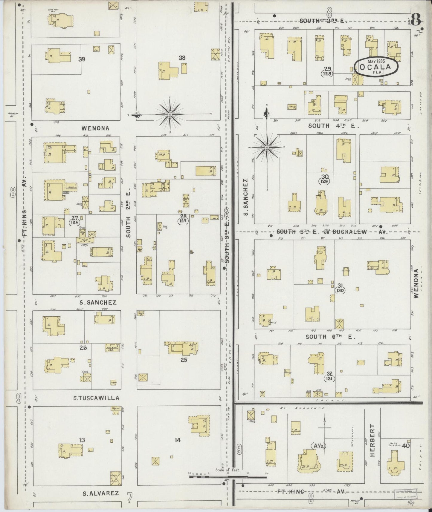 Sanborn Fire Insurance Map from Ocala, Marion County, Florida (1895), Sheet #0008 - Historic Sanborn Fire Insurance Map Print, vintage old map wall art, antique decor, genealogy gift, Florida Florida map