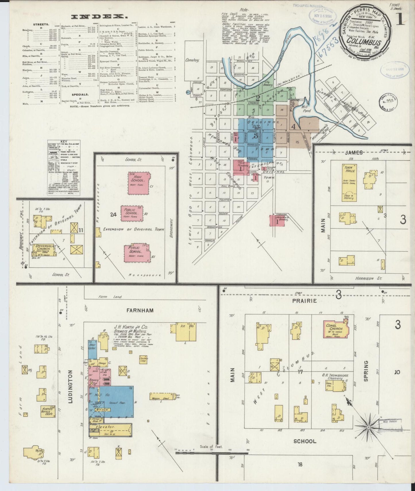 Sanborn Fire Insurance Map from Columbus, Columbia and Dodge County, Wisconsin (1898), Sheet #0001 - Historic Sanborn Fire Insurance Map Print, vintage old map wall art, antique decor, genealogy gift, Wisconsin Wisconsin map