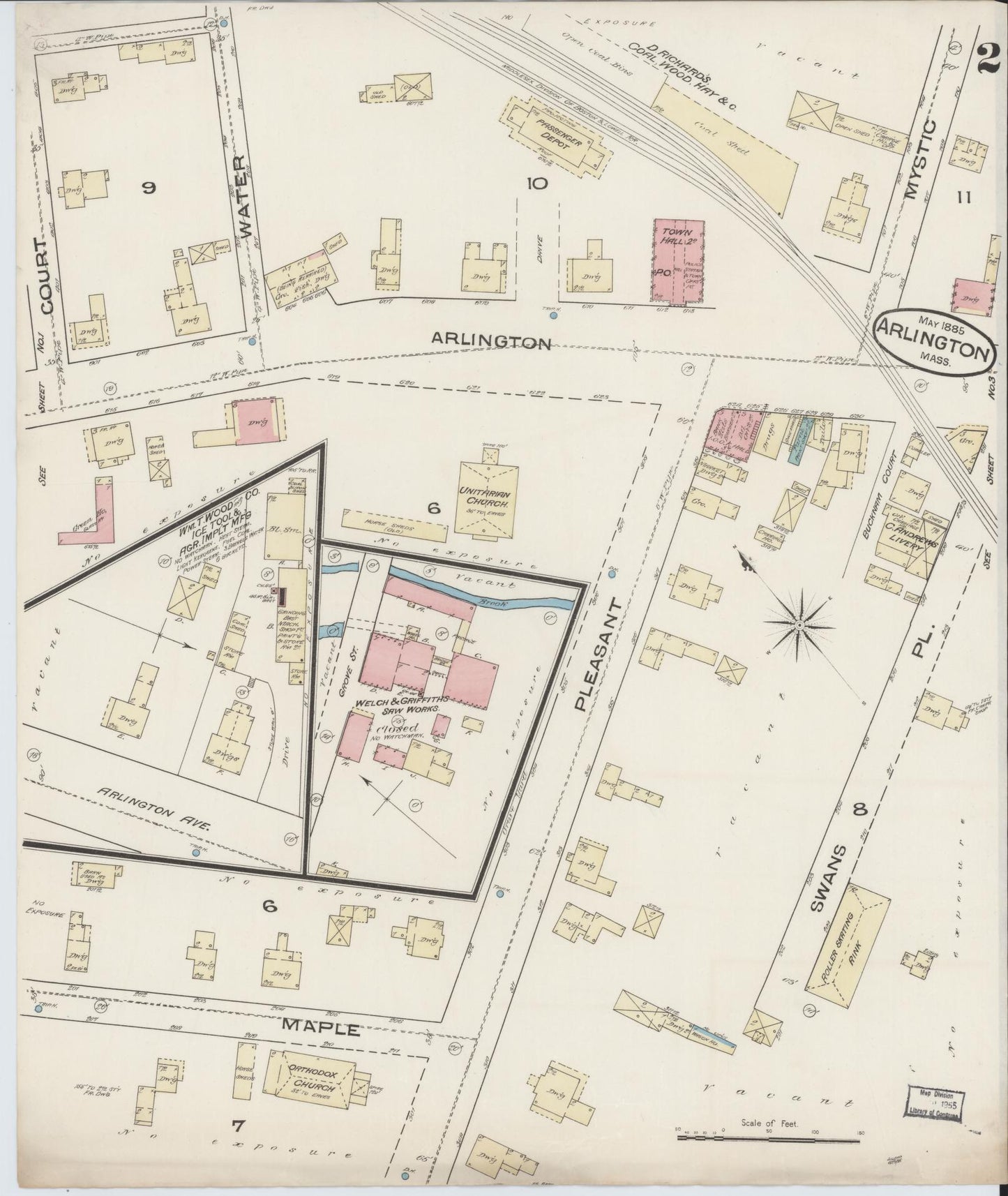 Sanborn Fire Insurance Map from Arlington, Middlesex County, Massachusetts (1885), Sheet #0002 - Historic Sanborn Fire Insurance Map Print, vintage old map wall art, antique decor, genealogy gift, Massachusetts Massachusetts map
