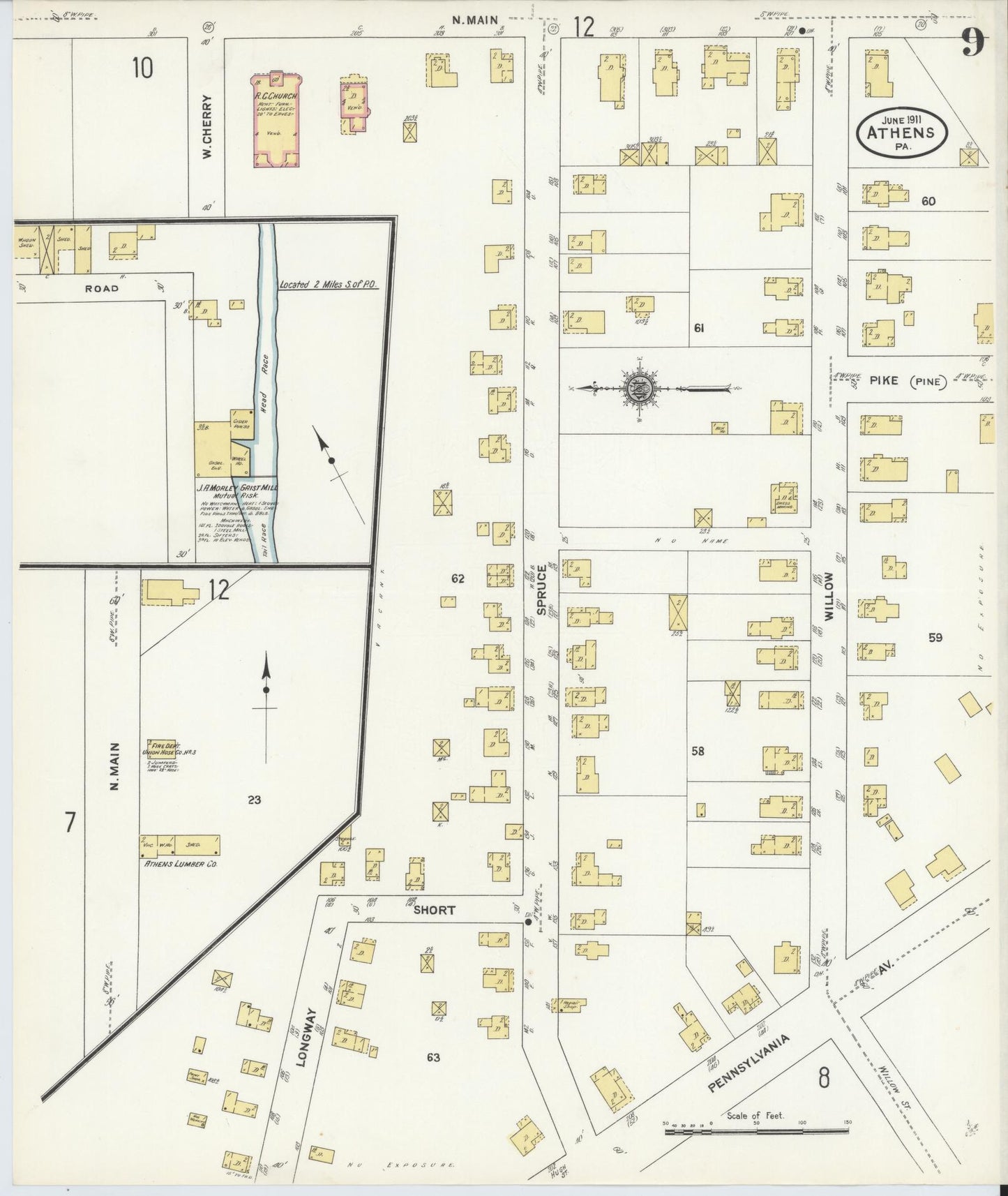 Sanborn Fire Insurance Map from Athens, Bradford County, Pennsylvania (1911), Sheet #0009 - Historic Sanborn Fire Insurance Map Print, vintage old map wall art, antique decor, genealogy gift, Pennsylvania Pennsylvania map