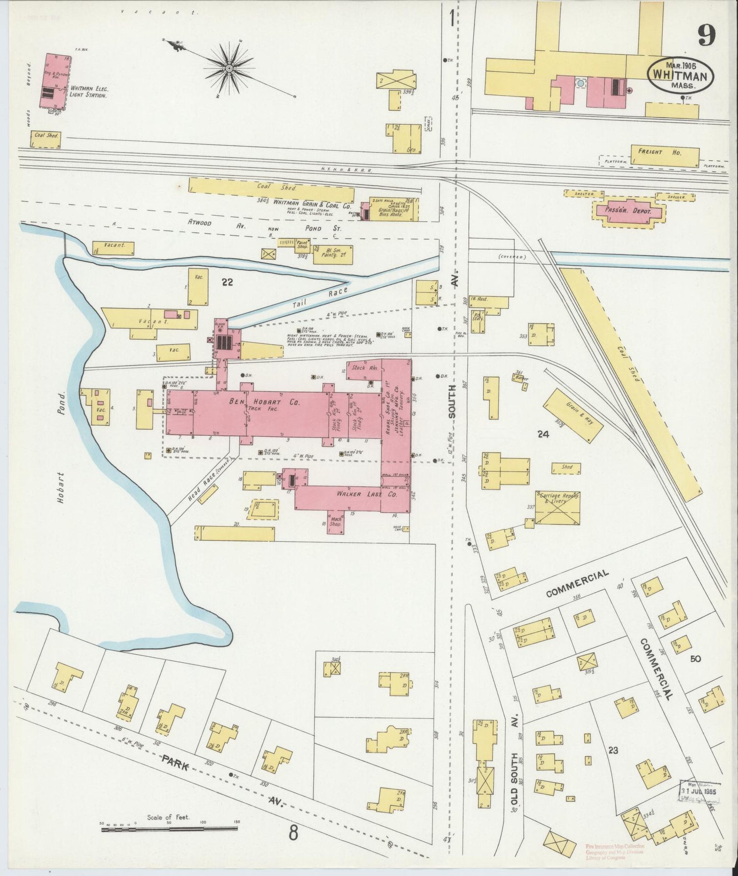 Sanborn Fire Insurance Map from Whitman, Plymouth County, Massachusetts (1905), Sheet #0009 - Historic Sanborn Fire Insurance Map Print, vintage old map wall art, antique decor, genealogy gift, Massachusetts Massachusetts map