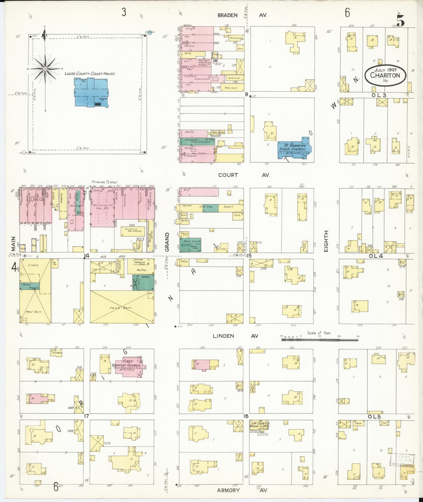 Sanborn Fire Insurance Map from Chariton, Lucas County, Iowa (1907), Sheet #0005 - Historic Sanborn Fire Insurance Map Print, vintage old map wall art