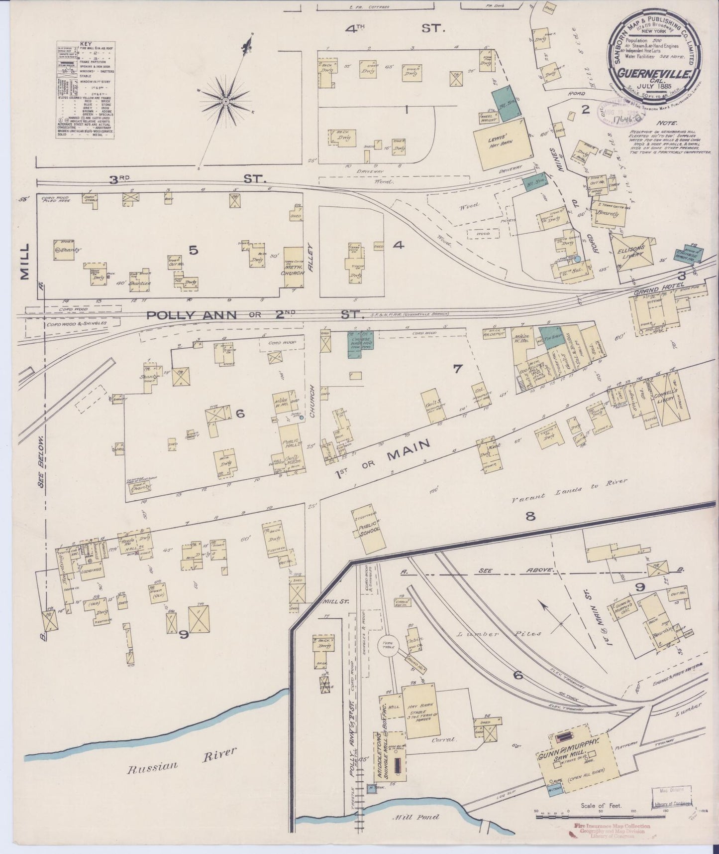 Sanborn Fire Insurance Map from Guerneville, Sonoma County, California (1885), Sheet #0001 - Historic Sanborn Fire Insurance Map Print, vintage old map wall art, antique decor, genealogy gift, California California map