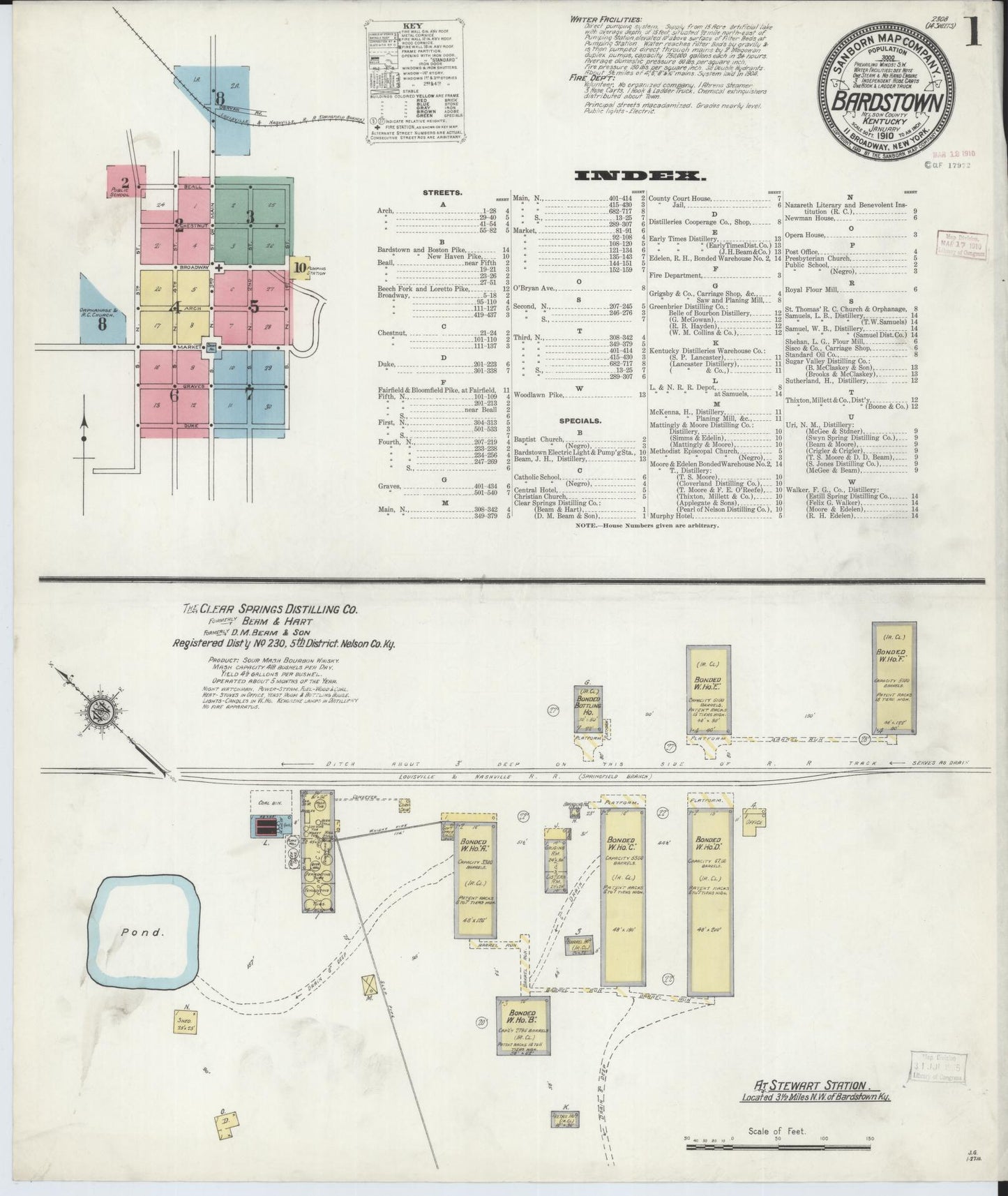 Sanborn Fire Insurance Map from Bardstown, Nelson County, Kentucky (1910), Sheet #0001 - Historic Sanborn Fire Insurance Map Print, vintage old map wall art, antique decor, genealogy gift, Kentucky Kentucky map