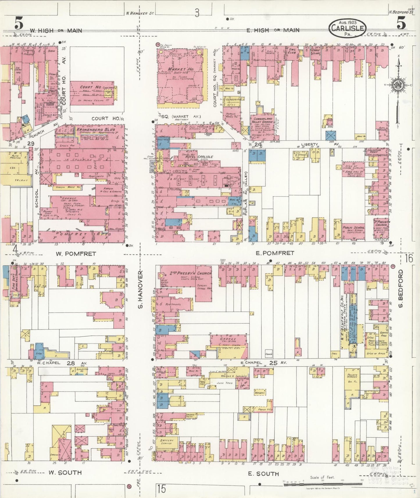 Sanborn Fire Insurance Map from Carlisle, Cumberland County, Pennsylvania (1923), Sheet #0005 - Historic Sanborn Fire Insurance Map Print, vintage old map wall art, antique decor, genealogy gift, Pennsylvania Pennsylvania map