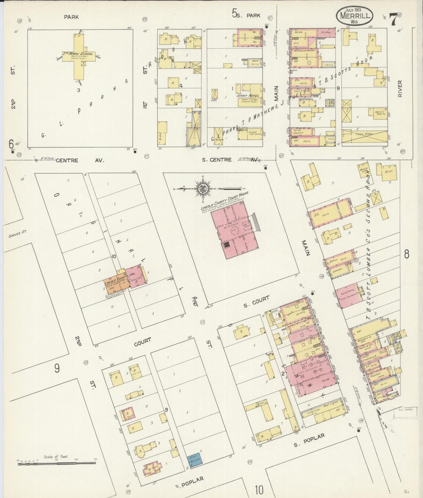 Sanborn Fire Insurance Map from Merrill, Lincoln County, Wisconsin (1913), Sheet #0007 - Historic Sanborn Fire Insurance Map Print, vintage old map wall art, antique decor, genealogy gift, Wisconsin Wisconsin map