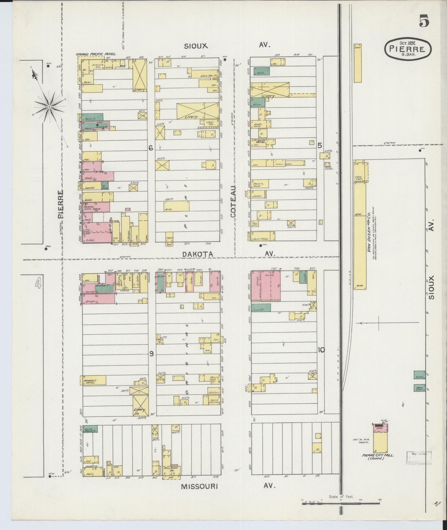 Sanborn Fire Insurance Map from Pierre, Hughes County, South Dakota (1892), Sheet #0005 - Historic Sanborn Fire Insurance Map Print, vintage old map wall art, antique decor, genealogy gift, South Dakota South Dakota map
