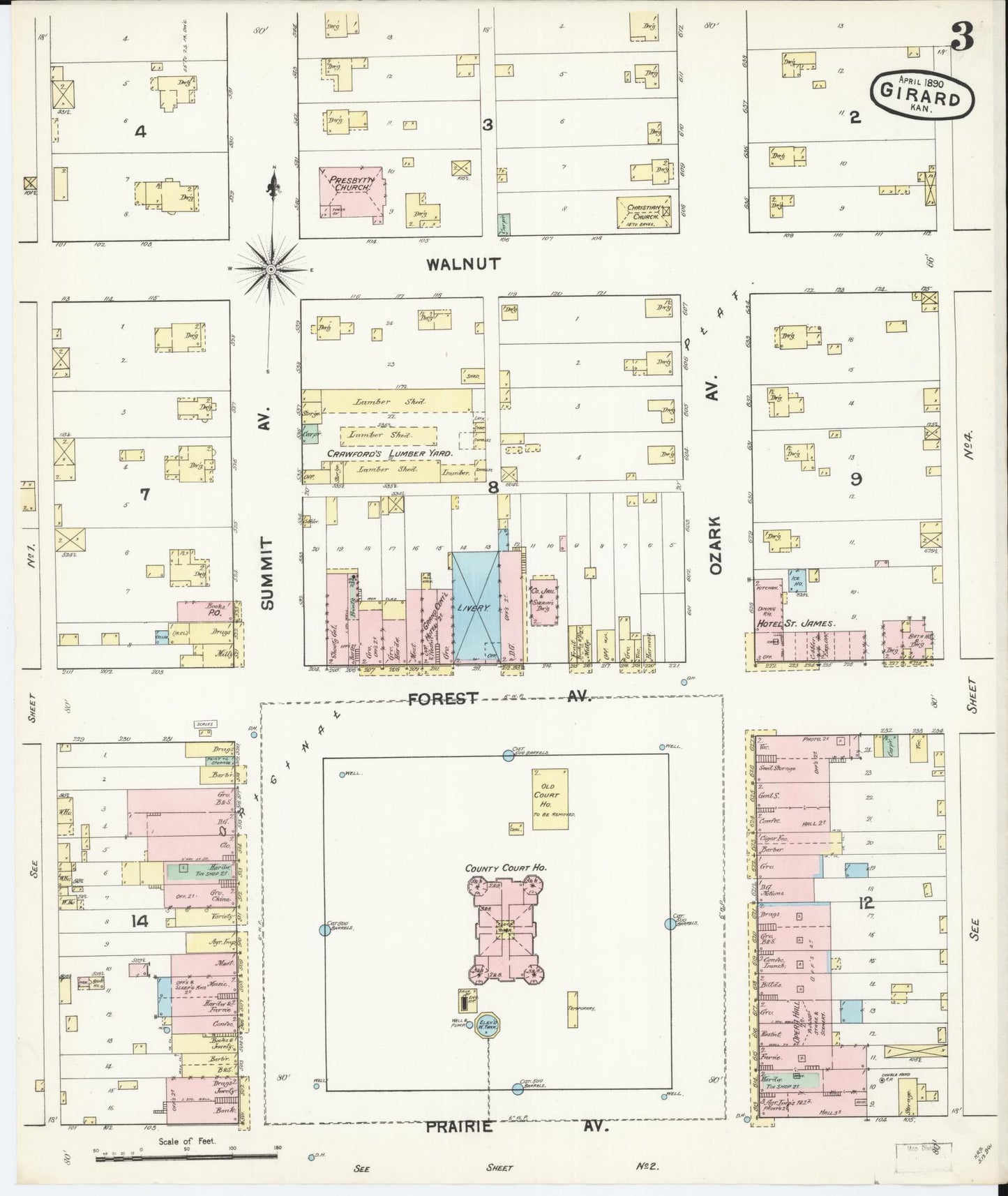Sanborn Fire Insurance Map from Girard, Crawford County, Kansas (1890), Sheet #0003 - Historic Sanborn Fire Insurance Map Print, vintage old map wall art, antique decor, genealogy gift, Kansas Kansas map