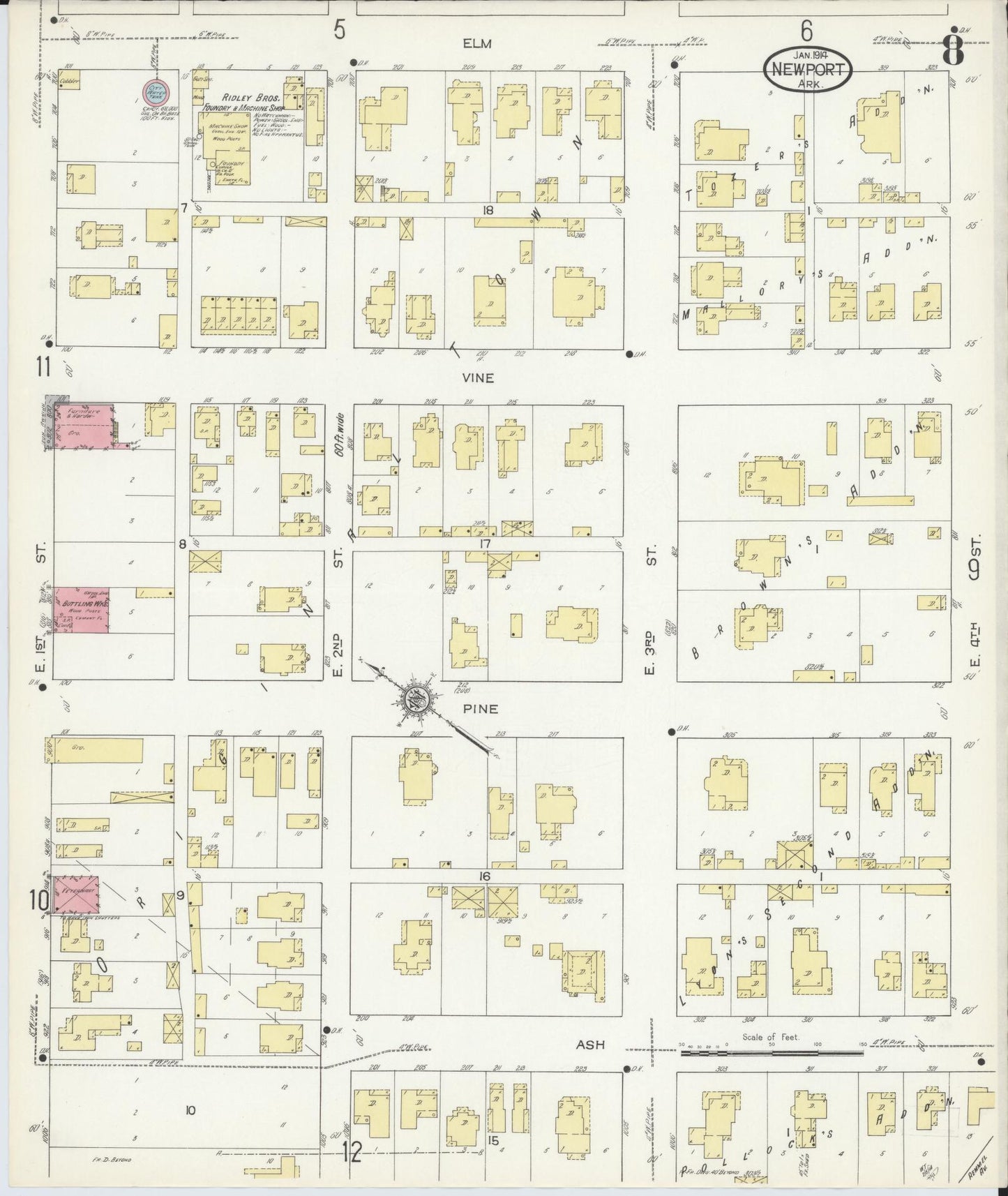 Sanborn Fire Insurance Map from Newport, Jackson County, Arkansas (1914), Sheet #0008 - Historic Sanborn Fire Insurance Map Print, vintage old map wall art, antique decor, genealogy gift, Arkansas Arkansas map